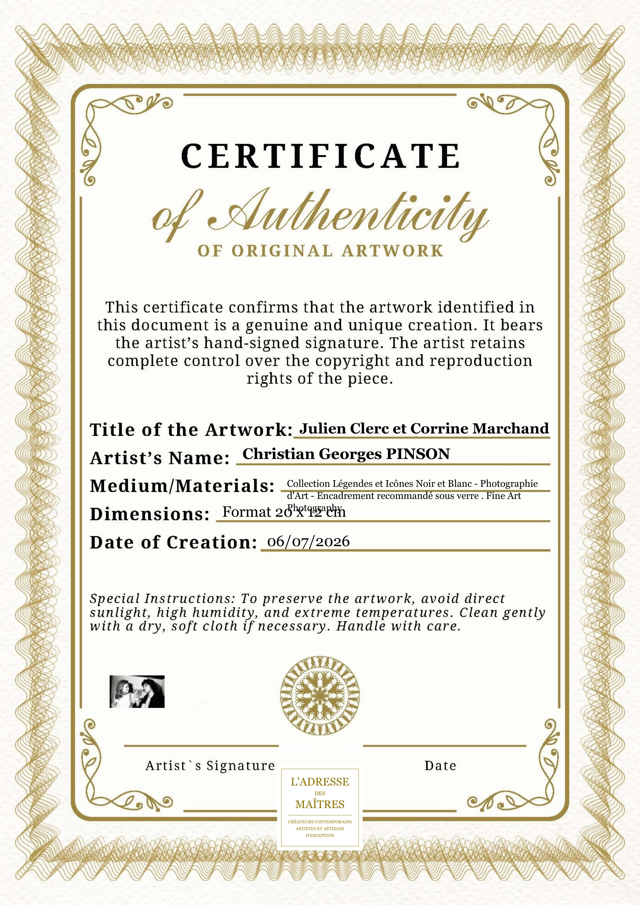 Certificat d'authenticité — Julien Clerc et Corrine Marchand — Christian Georges PINSON