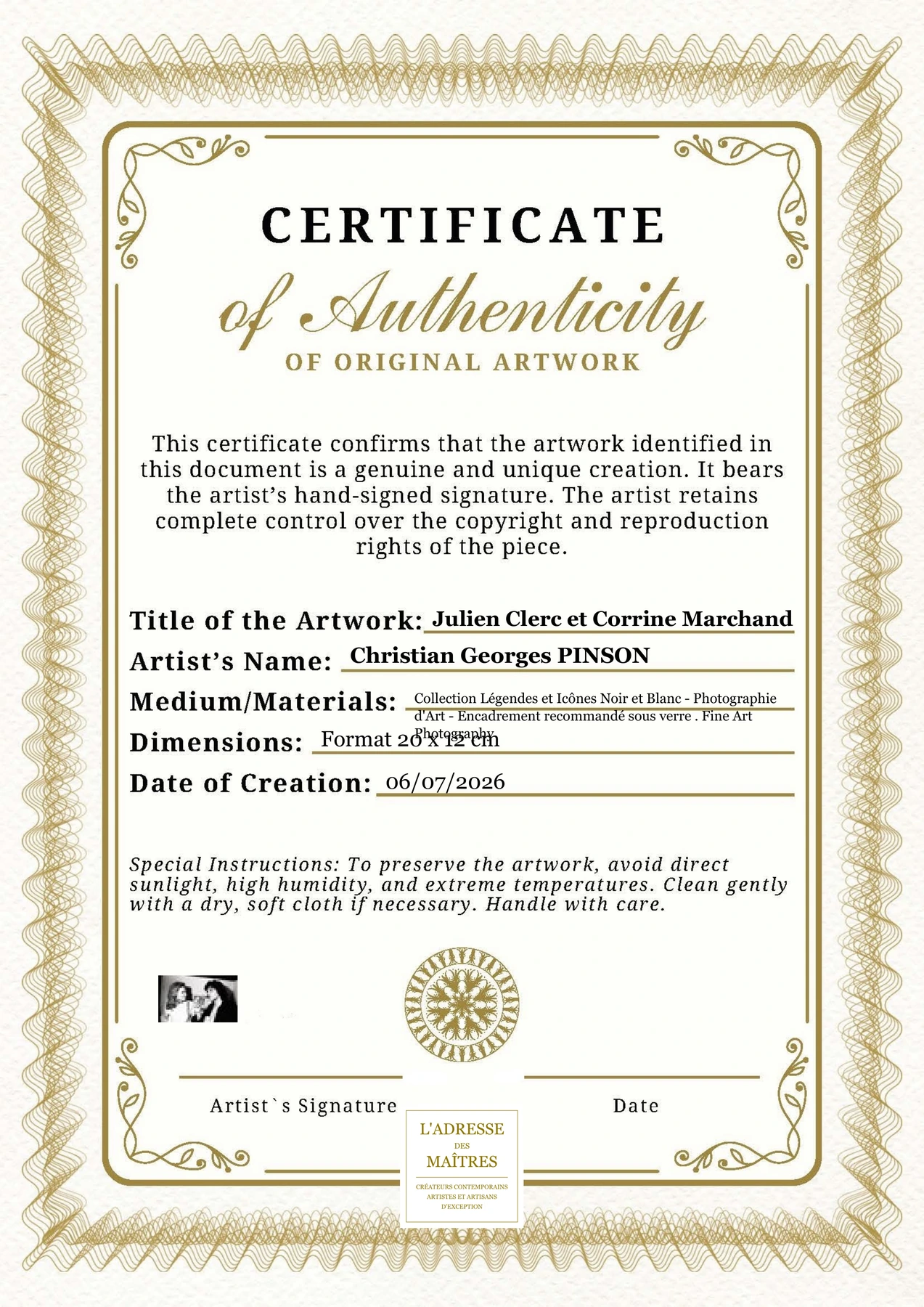 Certificat d'authenticité - Julien Clerc et Corrine Marchand - Christian Georges PINSON