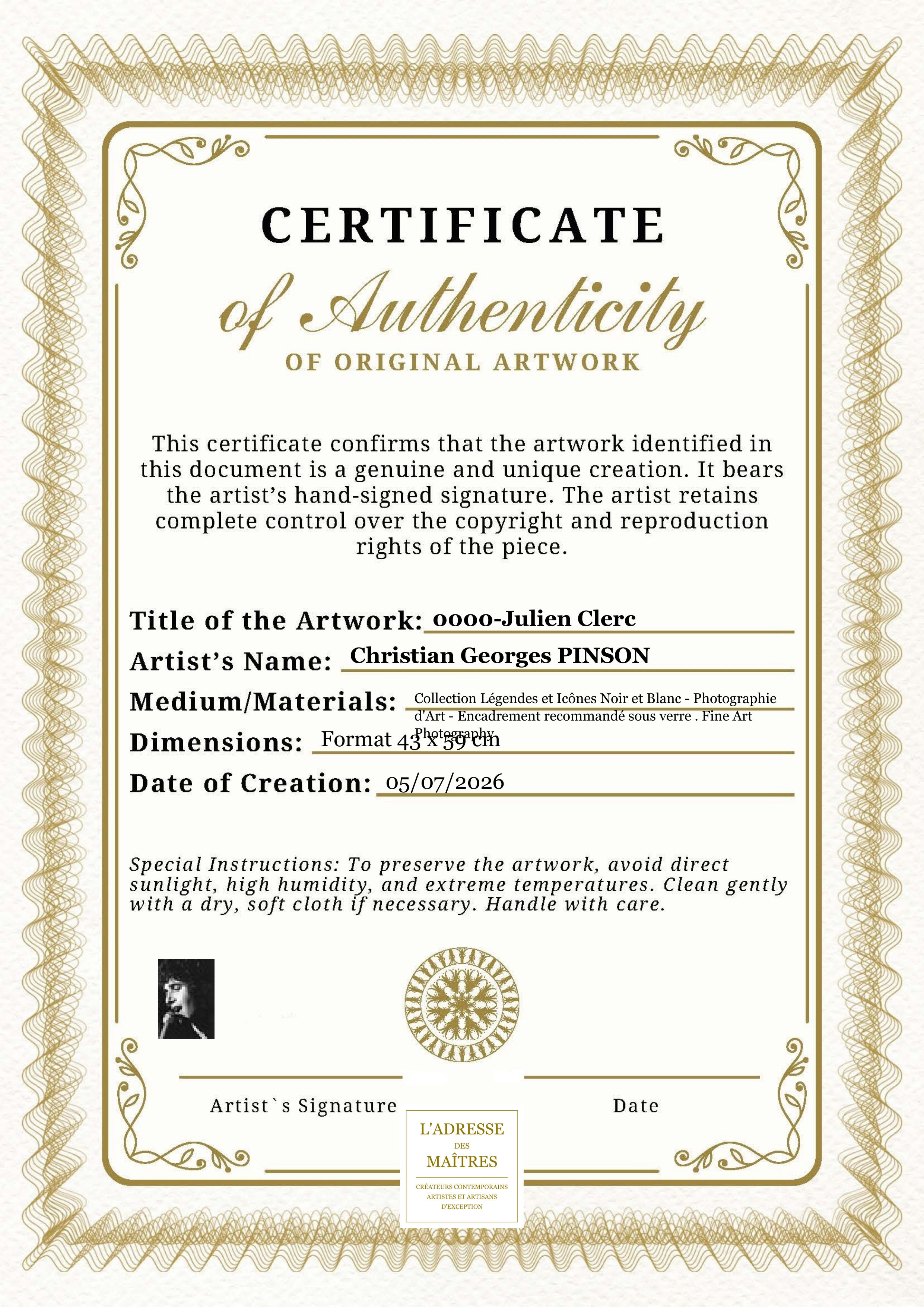 Certificat d'authenticité — 0000-Julien Clerc — Christian Georges PINSON