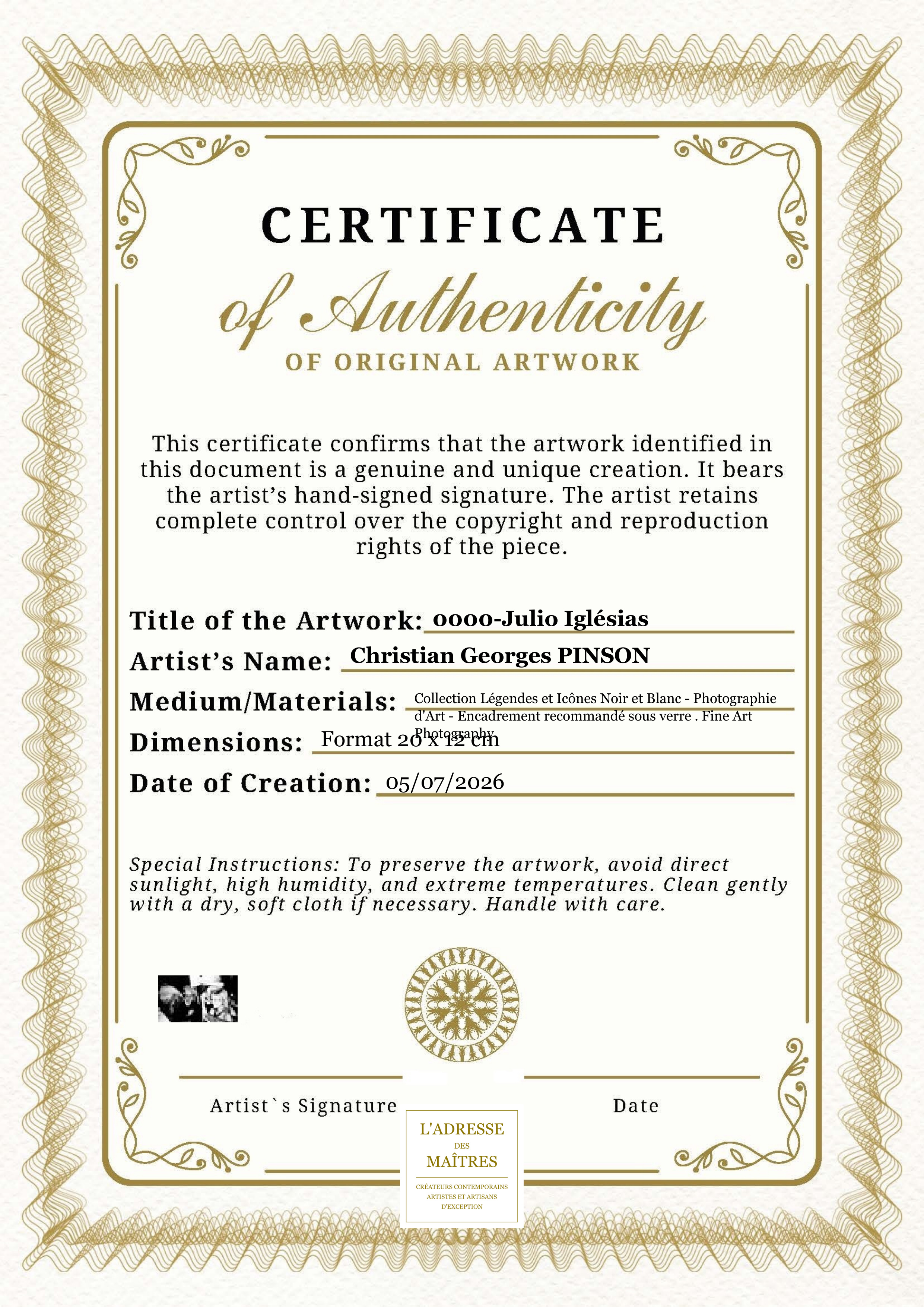 Certificat d'authenticité — 0000-Julio Iglésias — Christian Georges PINSON