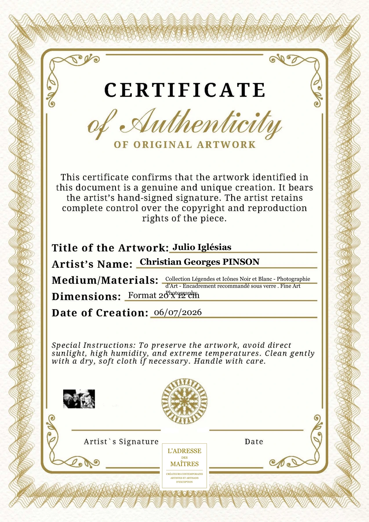 Certificat d'authenticité - Julio Iglésias - Christian Georges PINSON
