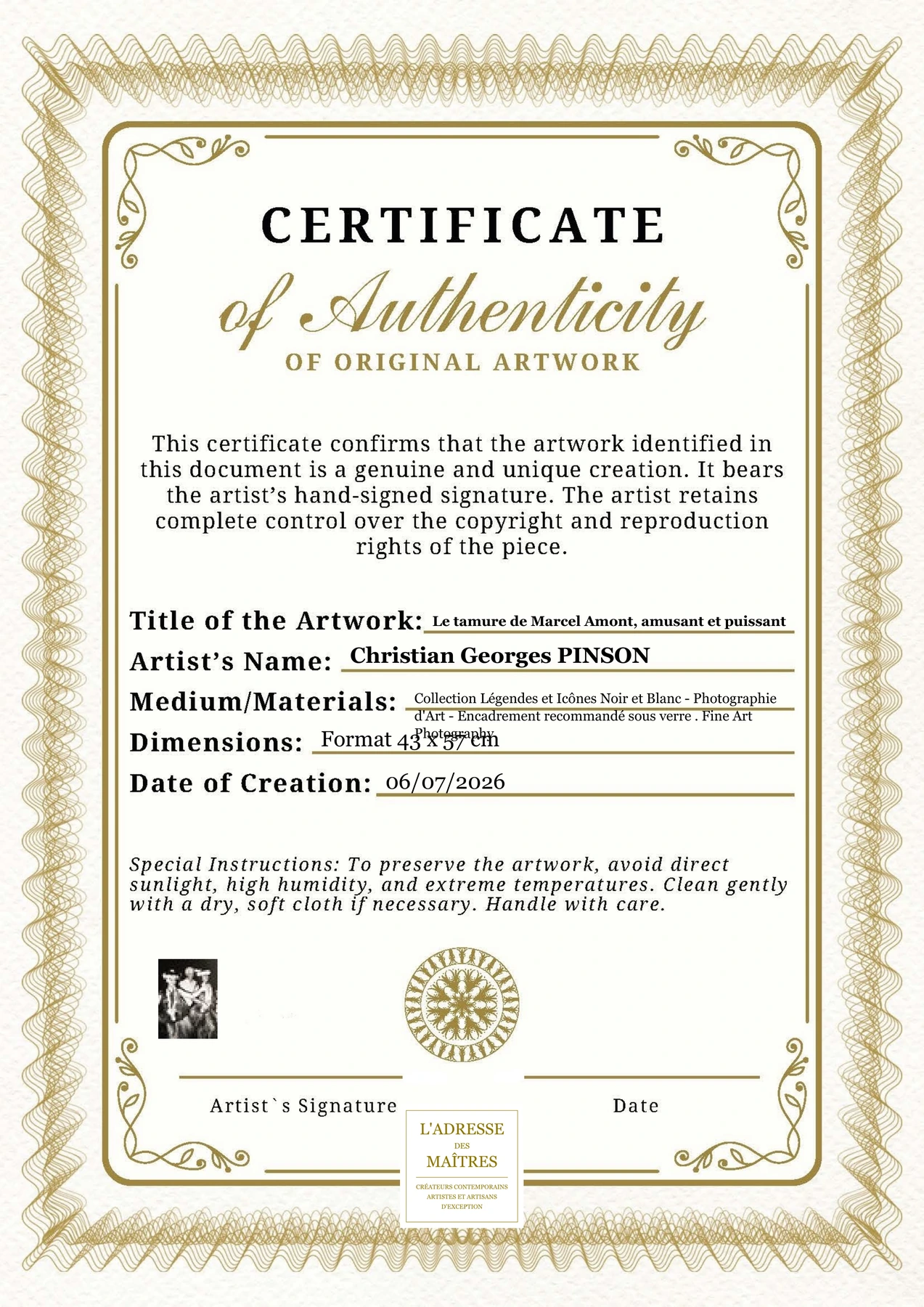 Certificat d'authenticité - Le tamure de Marcel Amont, amusant et puissant - Christian Georges PINSON