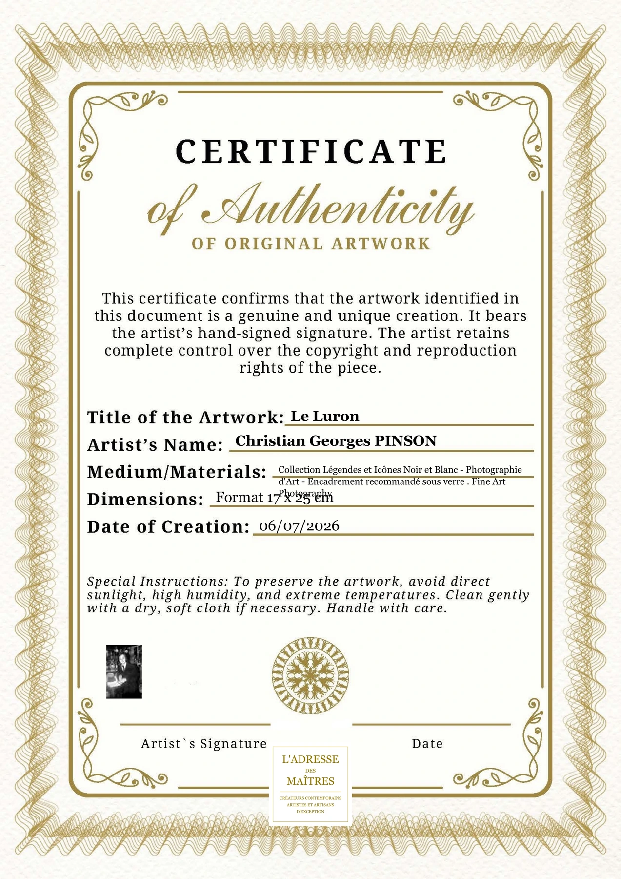 Certificat d'authenticité - Le Luron - Christian Georges PINSON