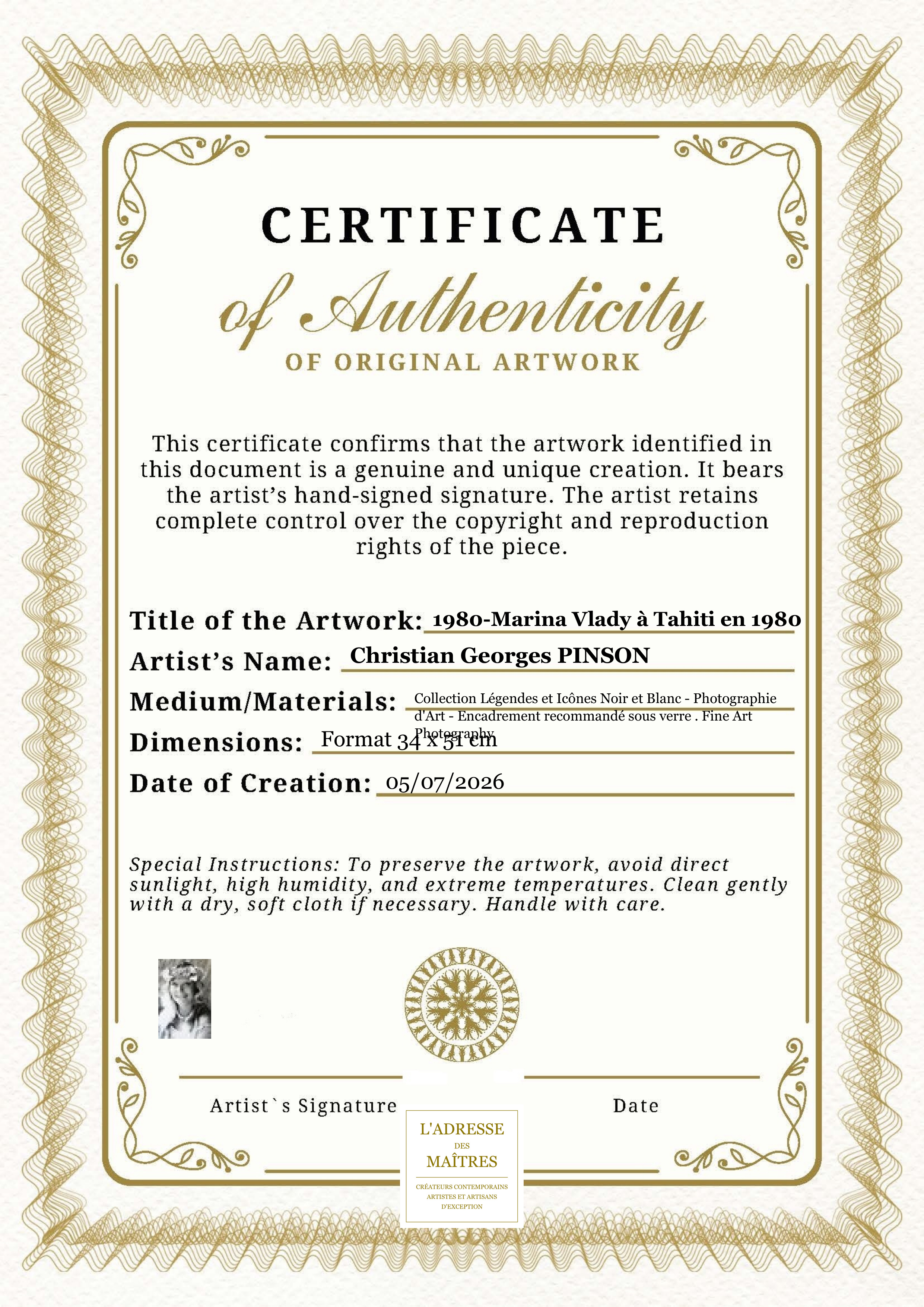 Certificat d'authenticité — 1980-Marina Vlady à Tahiti en 1980 — Christian Georges PINSON
