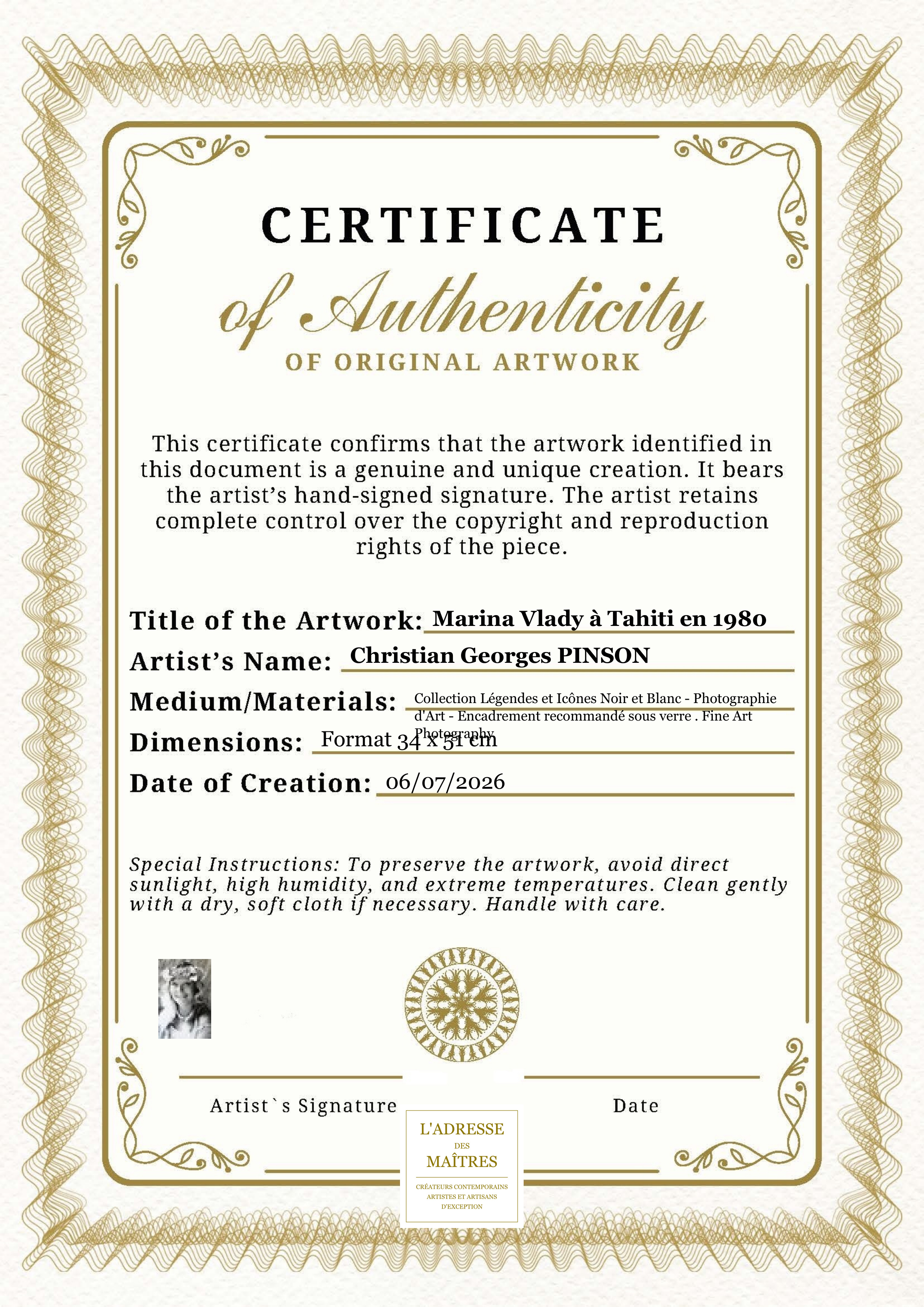 Certificat d'authenticité — Marina Vlady à Tahiti en 1980 — Christian Georges PINSON