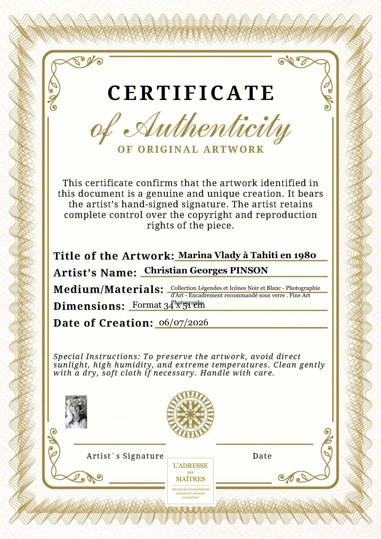 Certificat d'authenticité - Marina Vlady à Tahiti en 1980 - Christian Georges PINSON