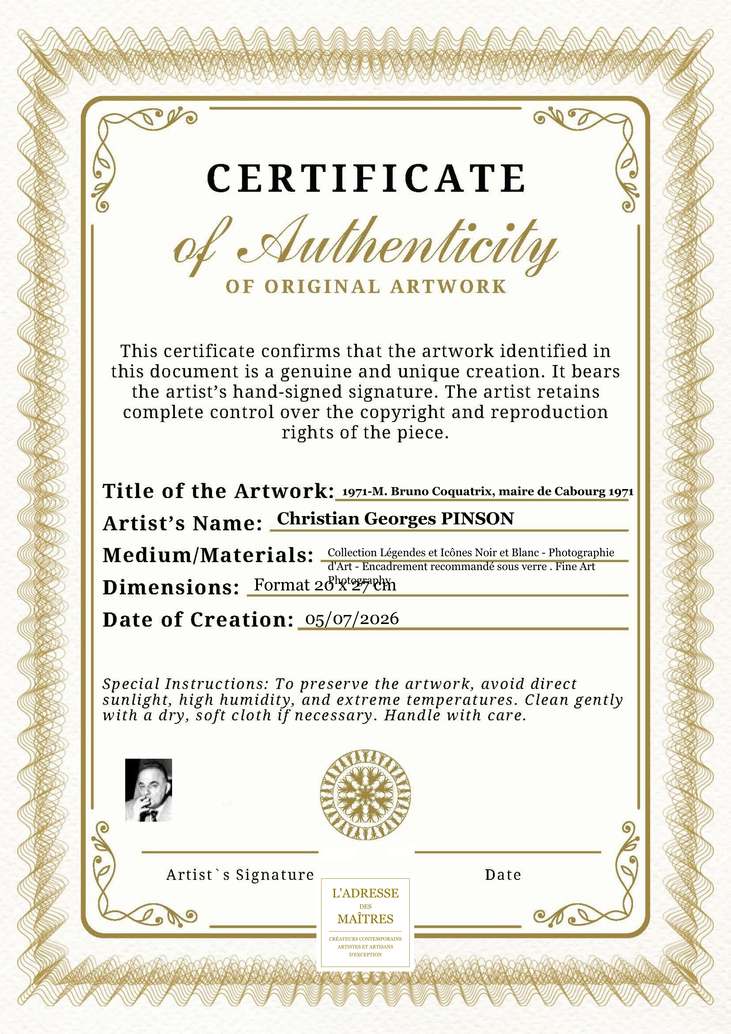 Certificat d'authenticité — 1971-M. Bruno Coquatrix, maire de Cabourg 1971 — Christian Georges PINSON