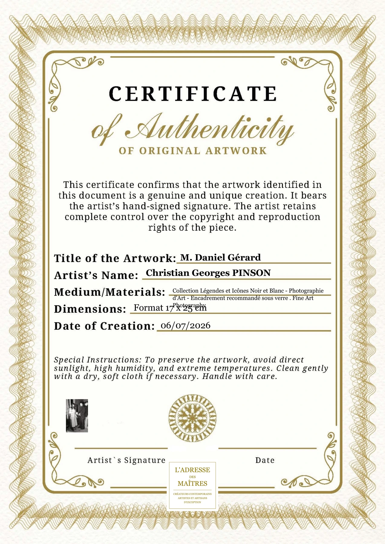 Certificat d'authenticité - M. Daniel Gérard - Christian Georges PINSON