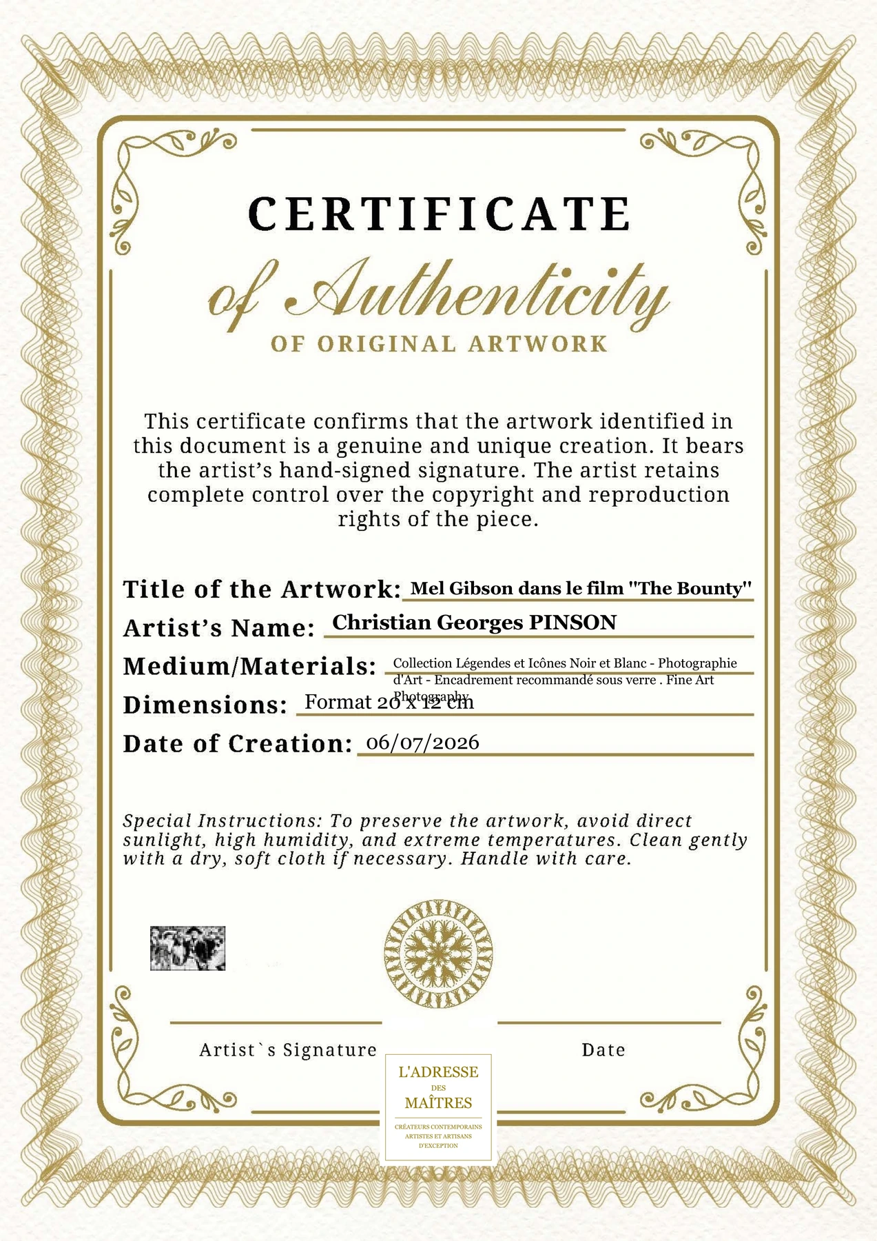 Certificat d'authenticité - Mel Gibson dans le film ''The Bounty'' - Christian Georges PINSON
