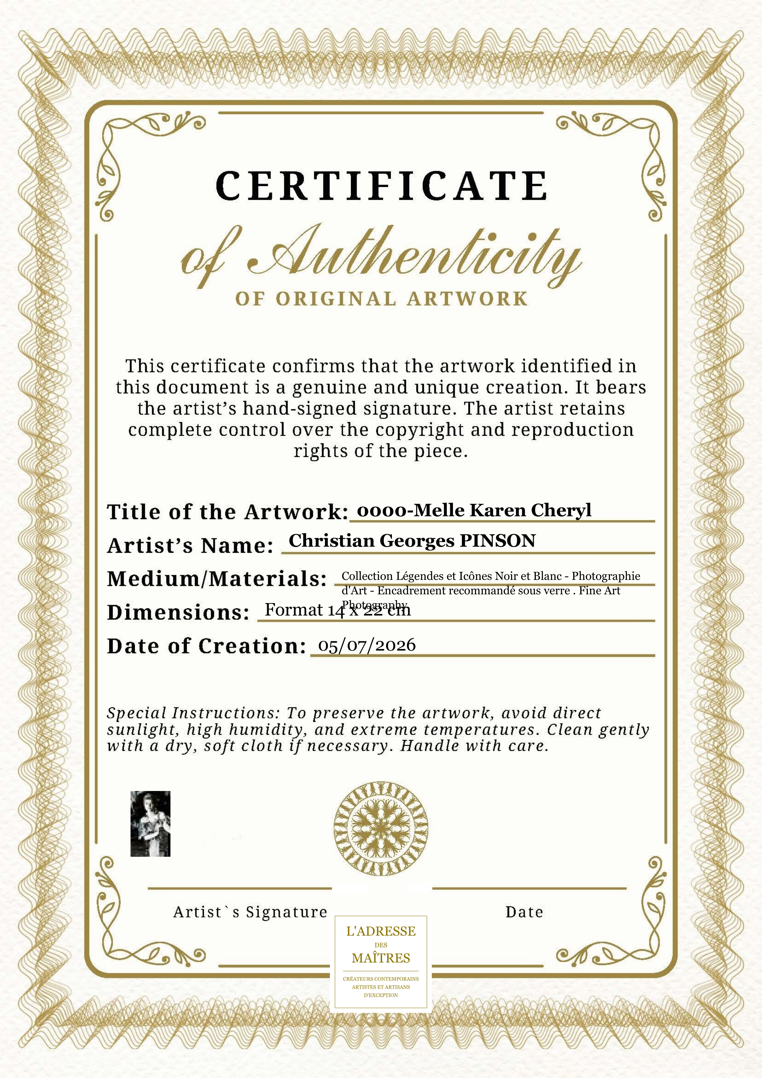 Certificat d'authenticité — 0000-Melle Karen Cheryl — Christian Georges PINSON