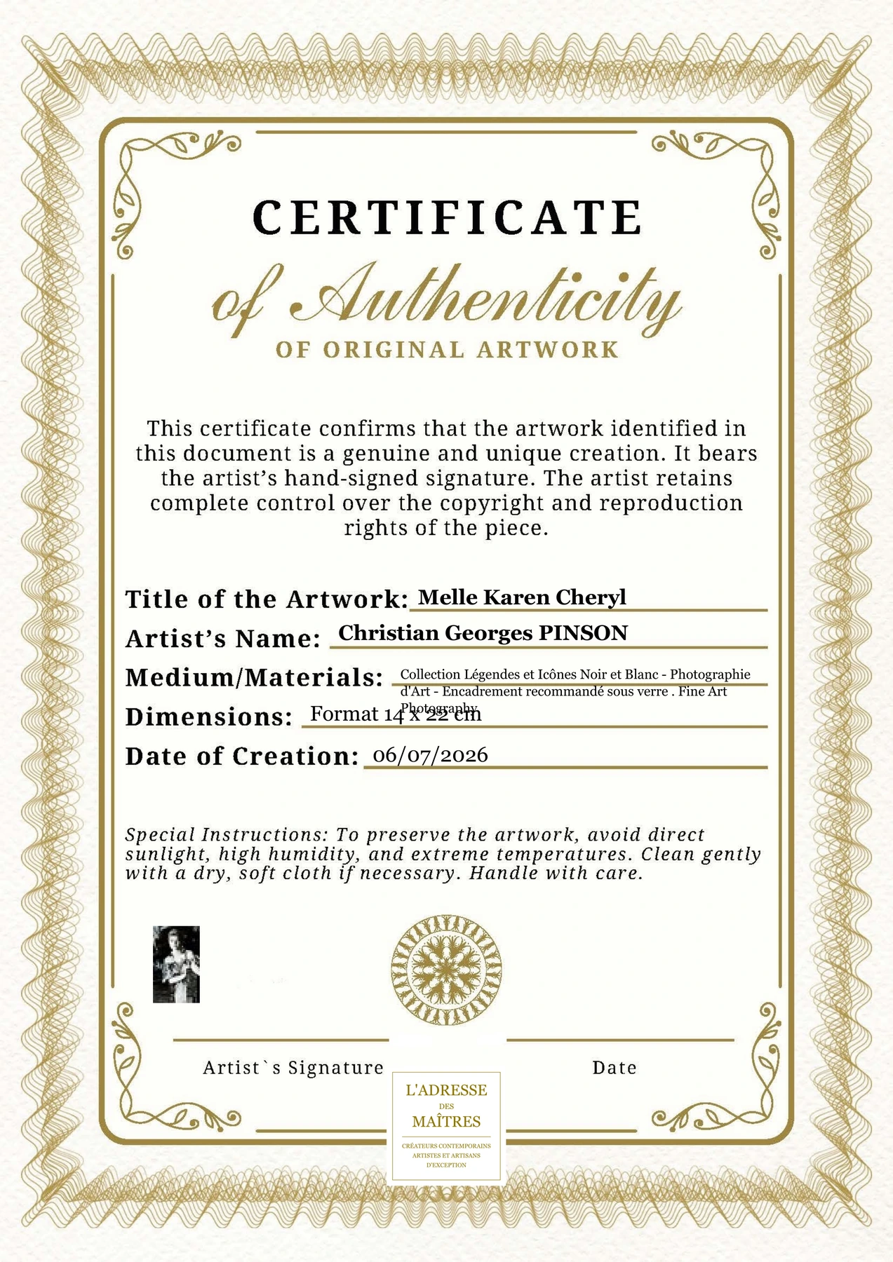 Certificat d'authenticité - Melle Karen Cheryl - Christian Georges PINSON