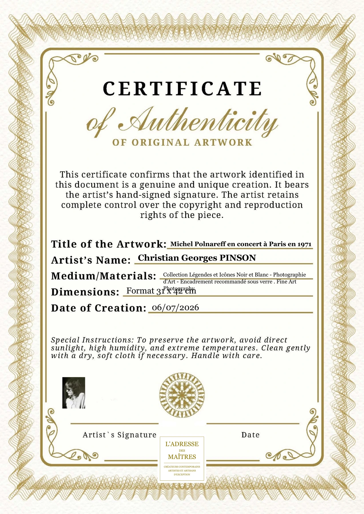 Certificat d'authenticité - Michel Polnareff en concert à Paris en 1971 - Christian Georges PINSON