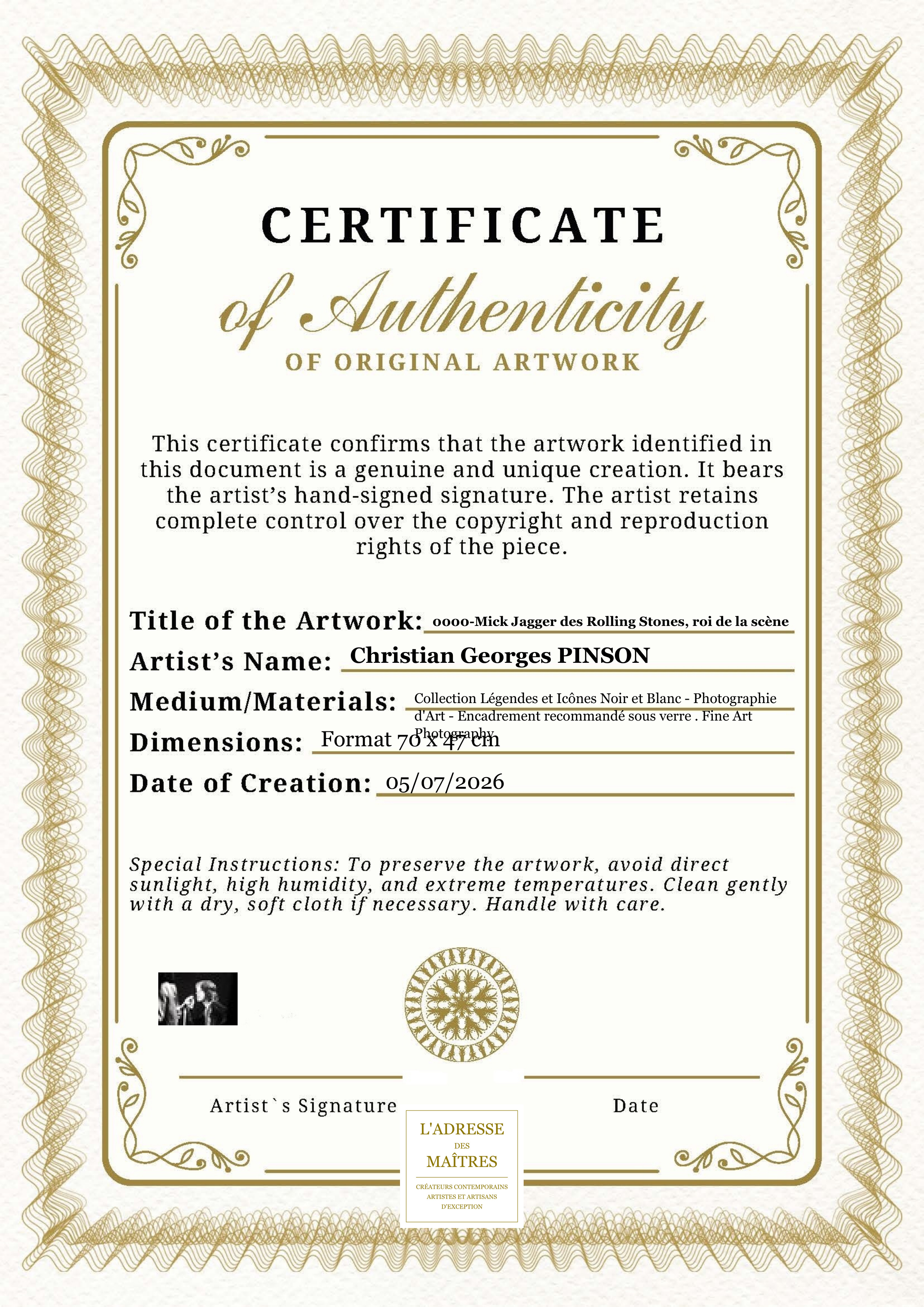 Certificat d'authenticité — 0000-Mick Jagger des Rolling Stones, roi de la scène — Christian Georges PINSON