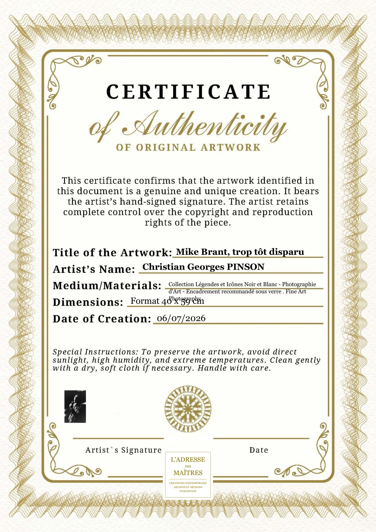 Certificat d'authenticité - Mike Brant, trop tôt disparu - Christian Georges PINSON