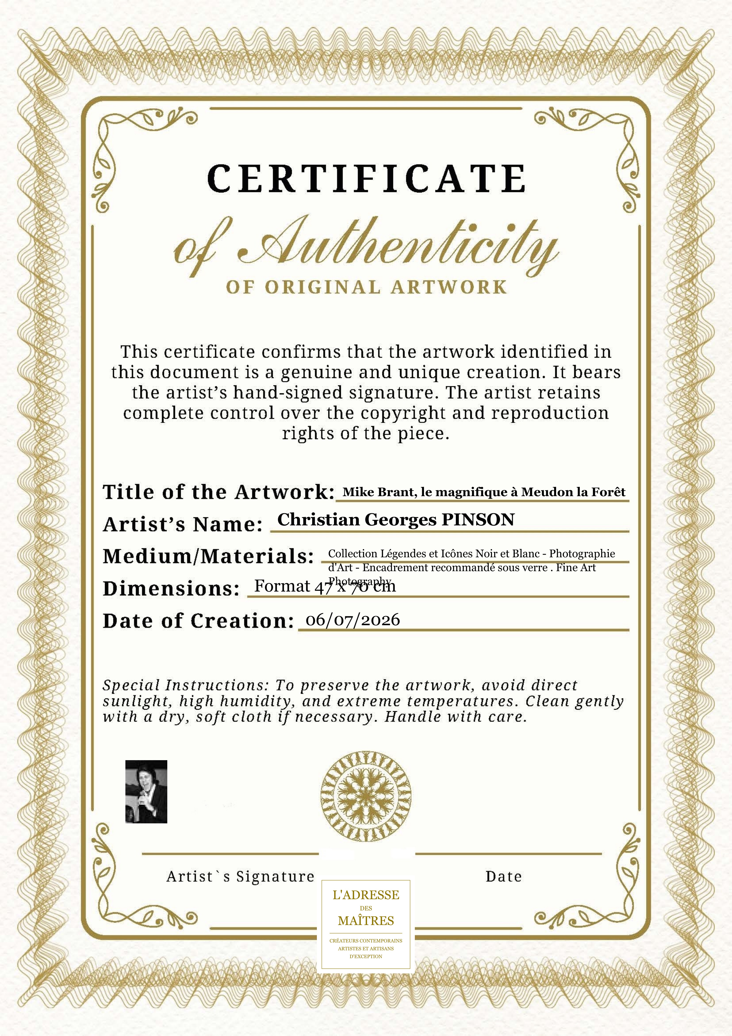 Certificat d'authenticité — Mike Brant, le magnifique à Meudon la Forêt — Christian Georges PINSON