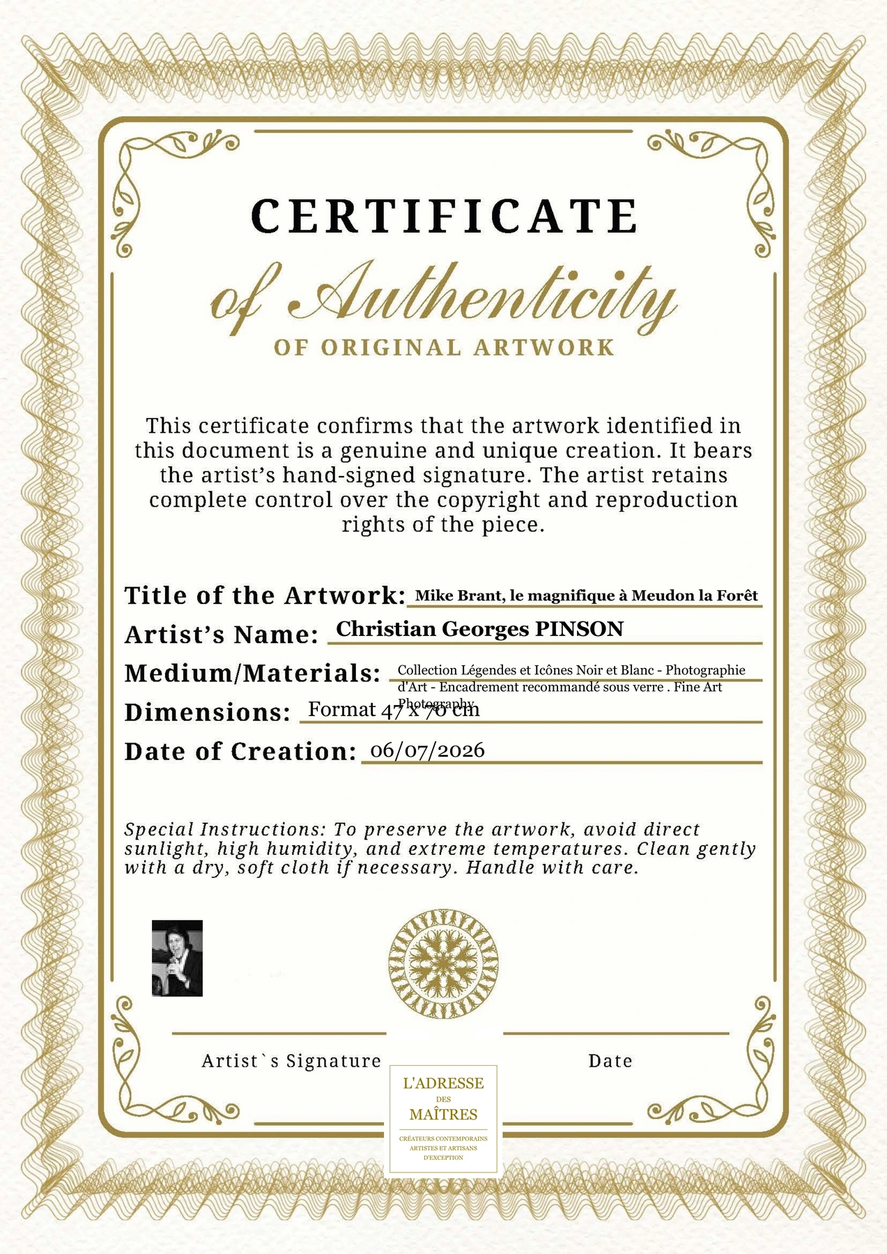 Certificat d'authenticité - Mike Brant, le magnifique à Meudon la Forêt - Christian Georges PINSON