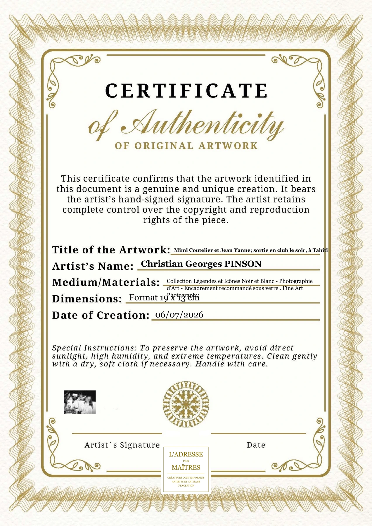 Certificat d'authenticité - Mimi Coutelier et Jean Yanne; sortie en club le soir, à Tahiti - Christian Georges PINSON