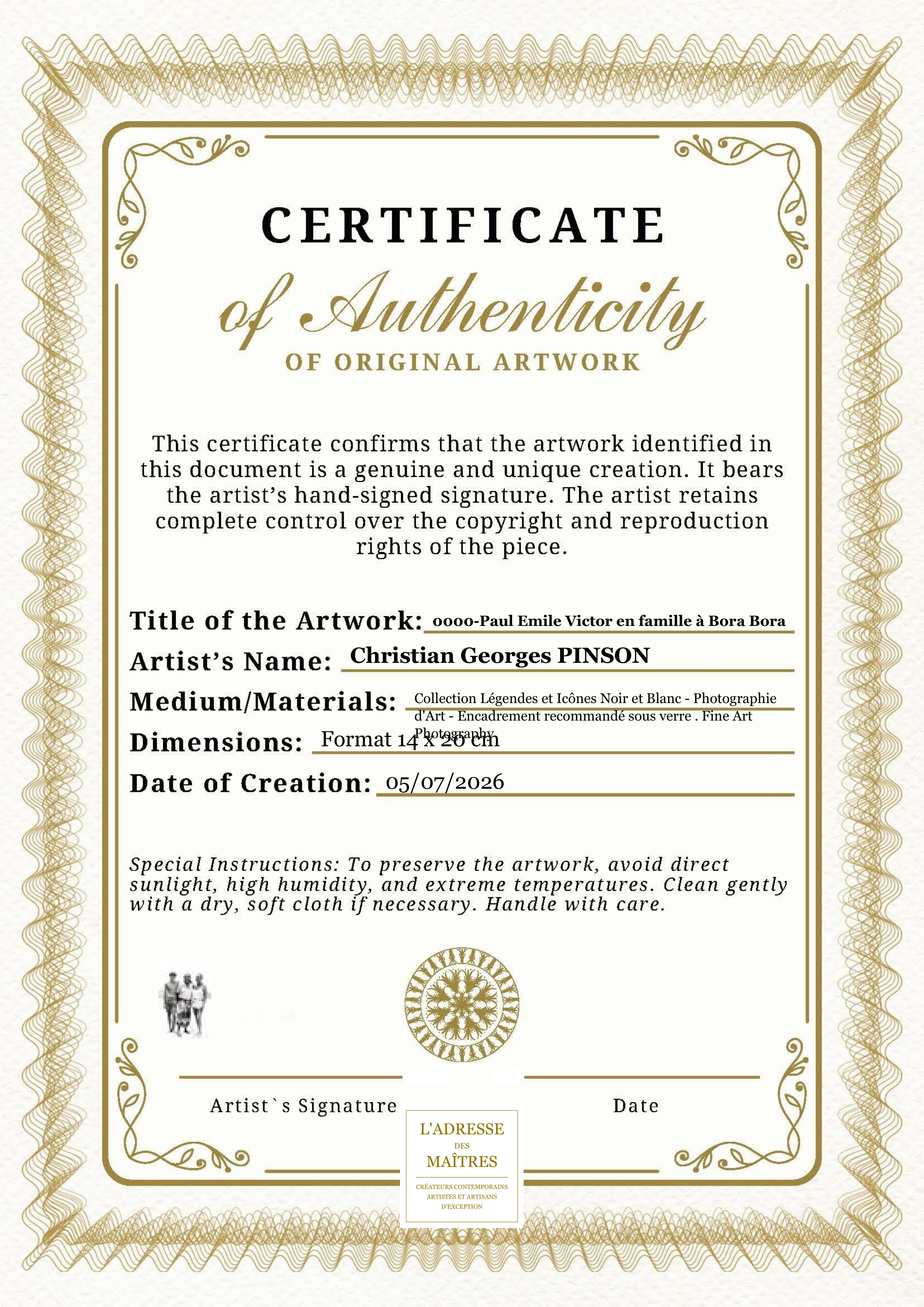 Certificat d'authenticité — 0000-Paul Emile Victor en famille à Bora Bora — Christian Georges PINSON