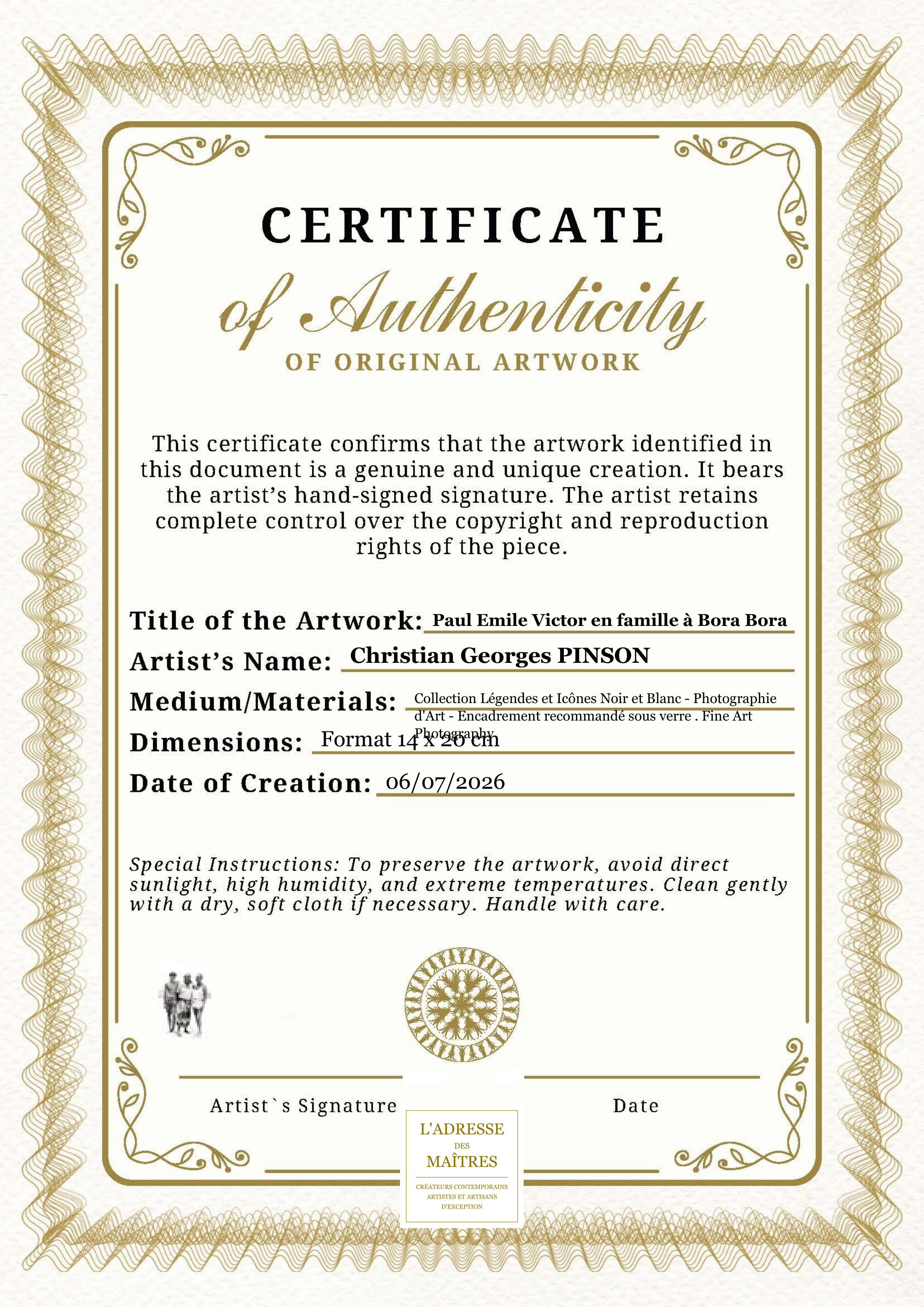 Certificat d'authenticité — Paul Emile Victor en famille à Bora Bora — Christian Georges PINSON