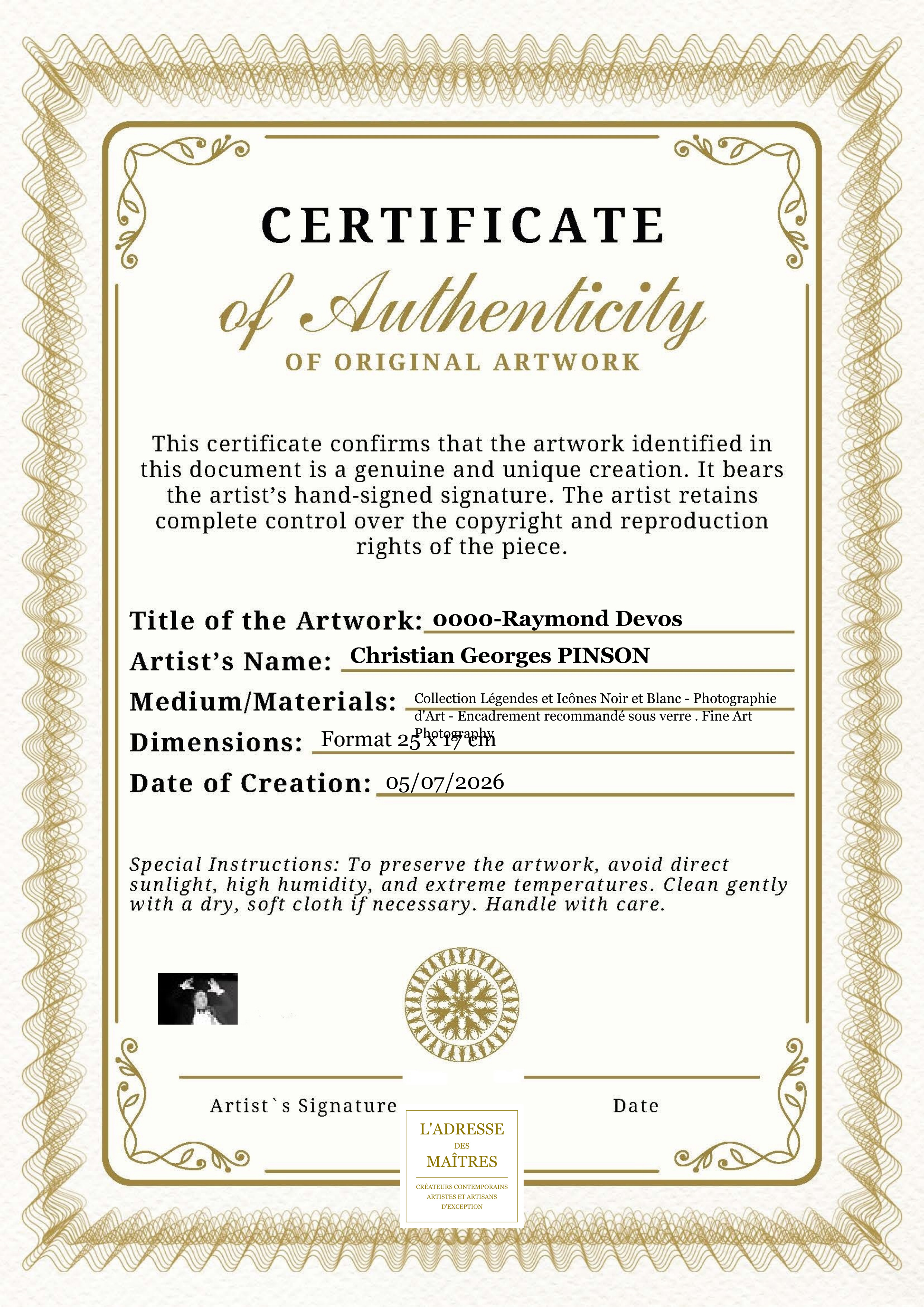 Certificat d'authenticité — 0000-Raymond Devos — Christian Georges PINSON
