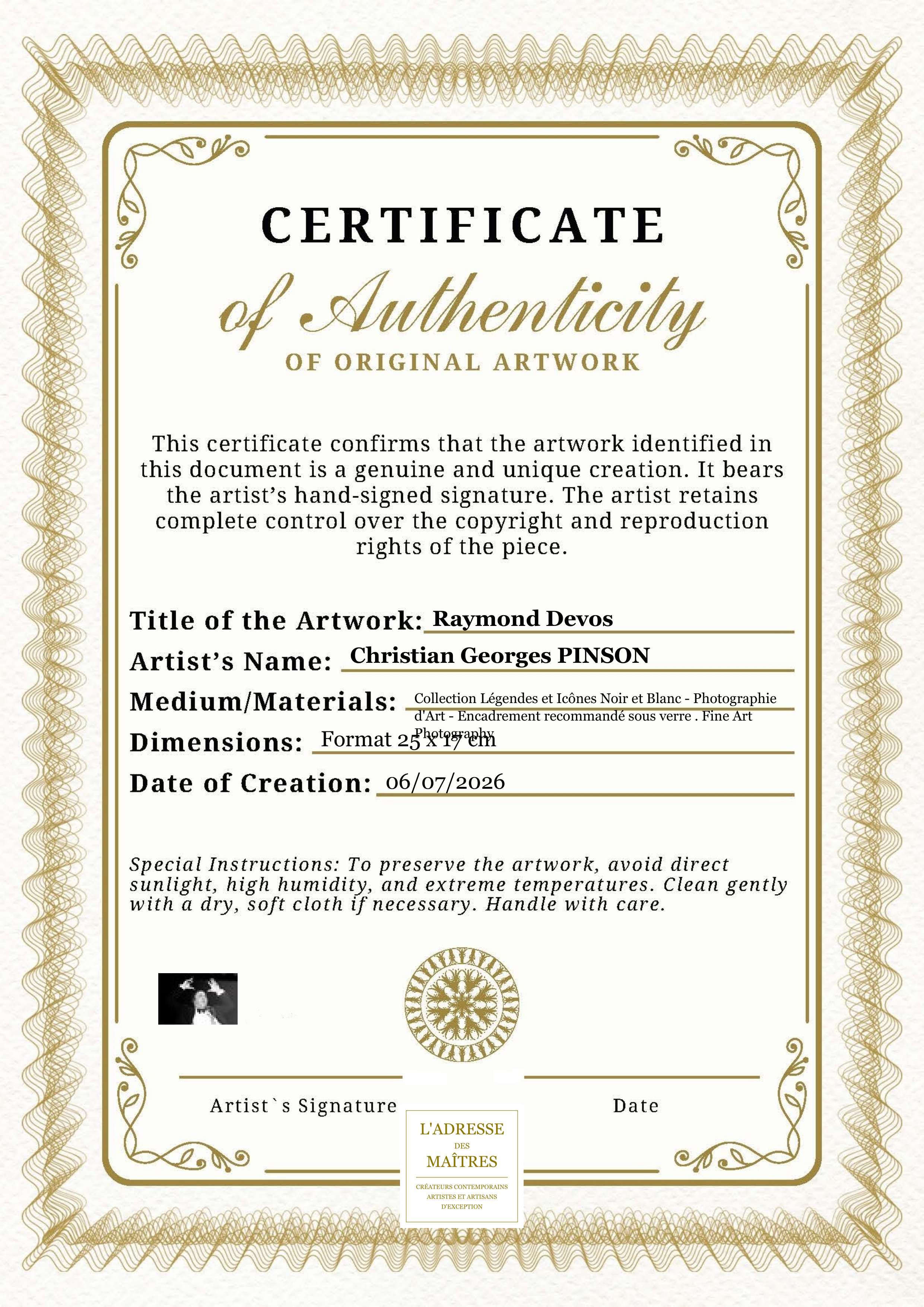 Certificat d'authenticité — Raymond Devos — Christian Georges PINSON