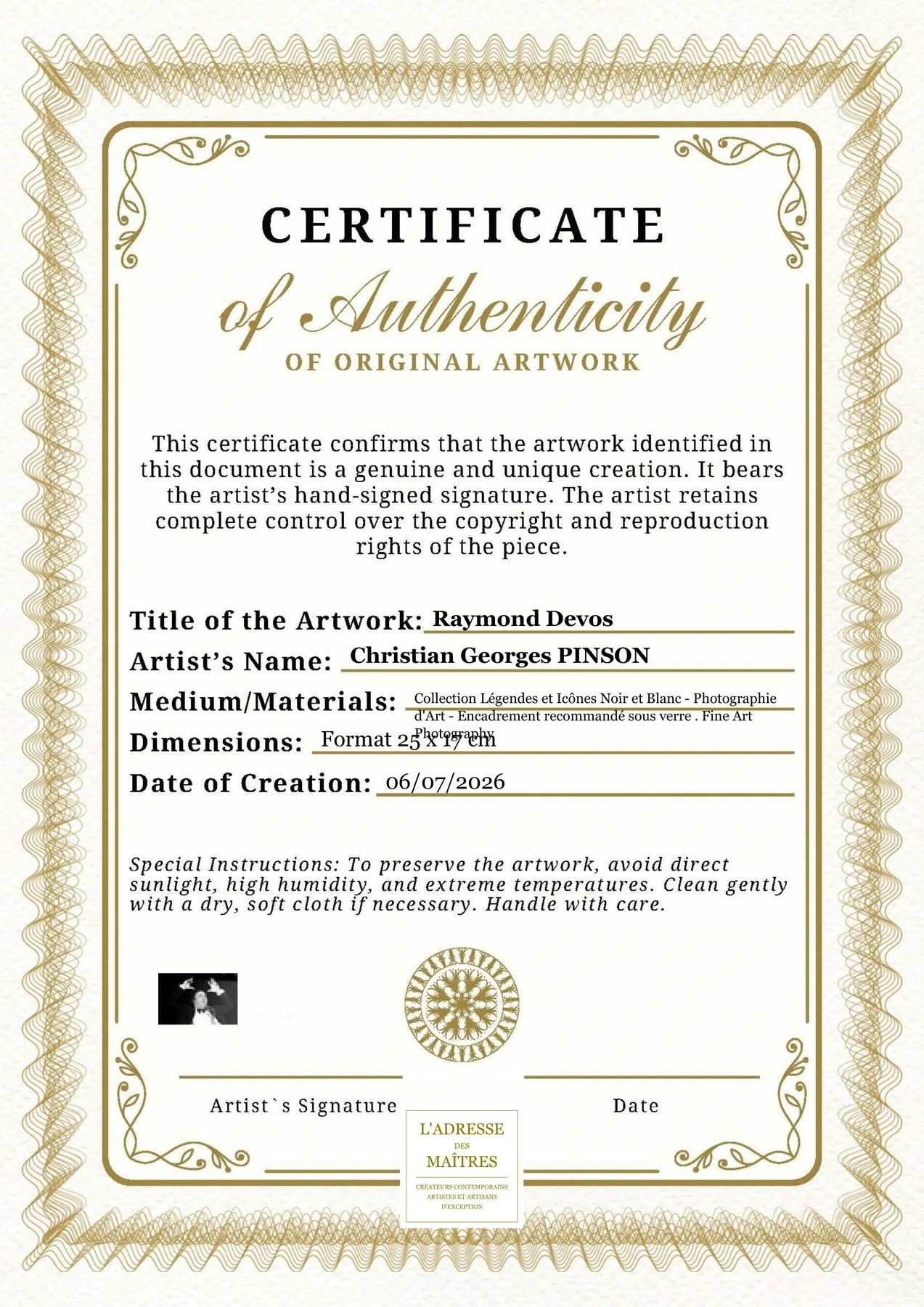 Certificat d'authenticité - Raymond Devos - Christian Georges PINSON