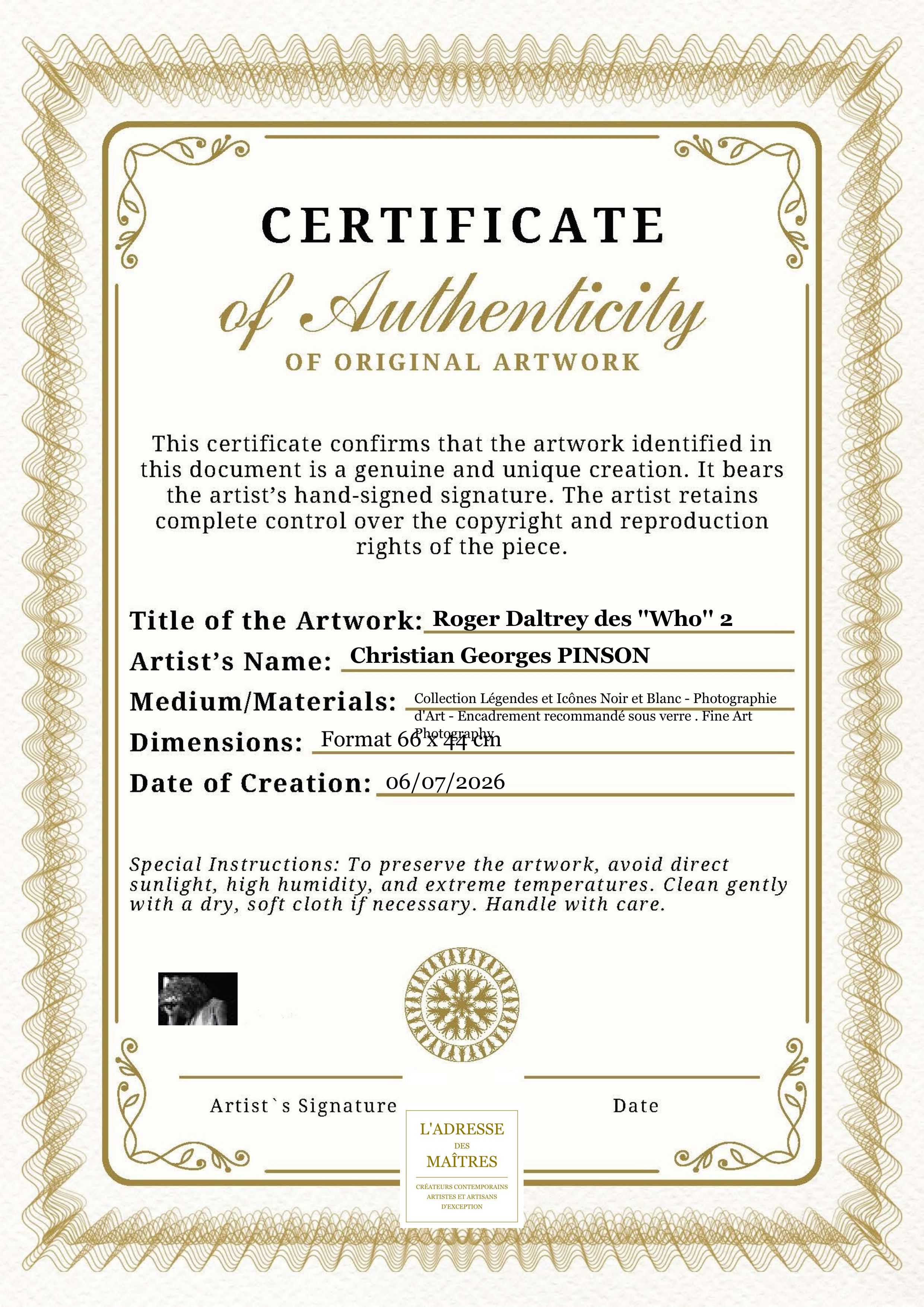 Certificat d'authenticité — Roger Daltrey des ''Who'' 2 — Christian Georges PINSON