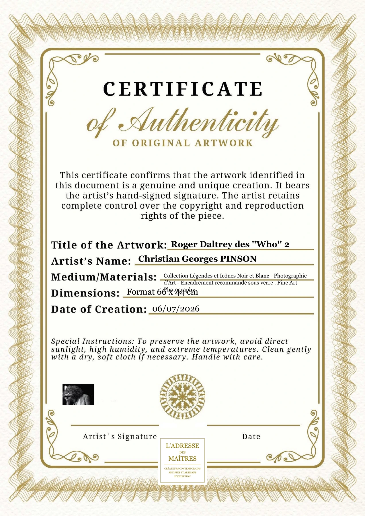 Certificat d'authenticité - Roger Daltrey des ''Who'' 2 - Christian Georges PINSON