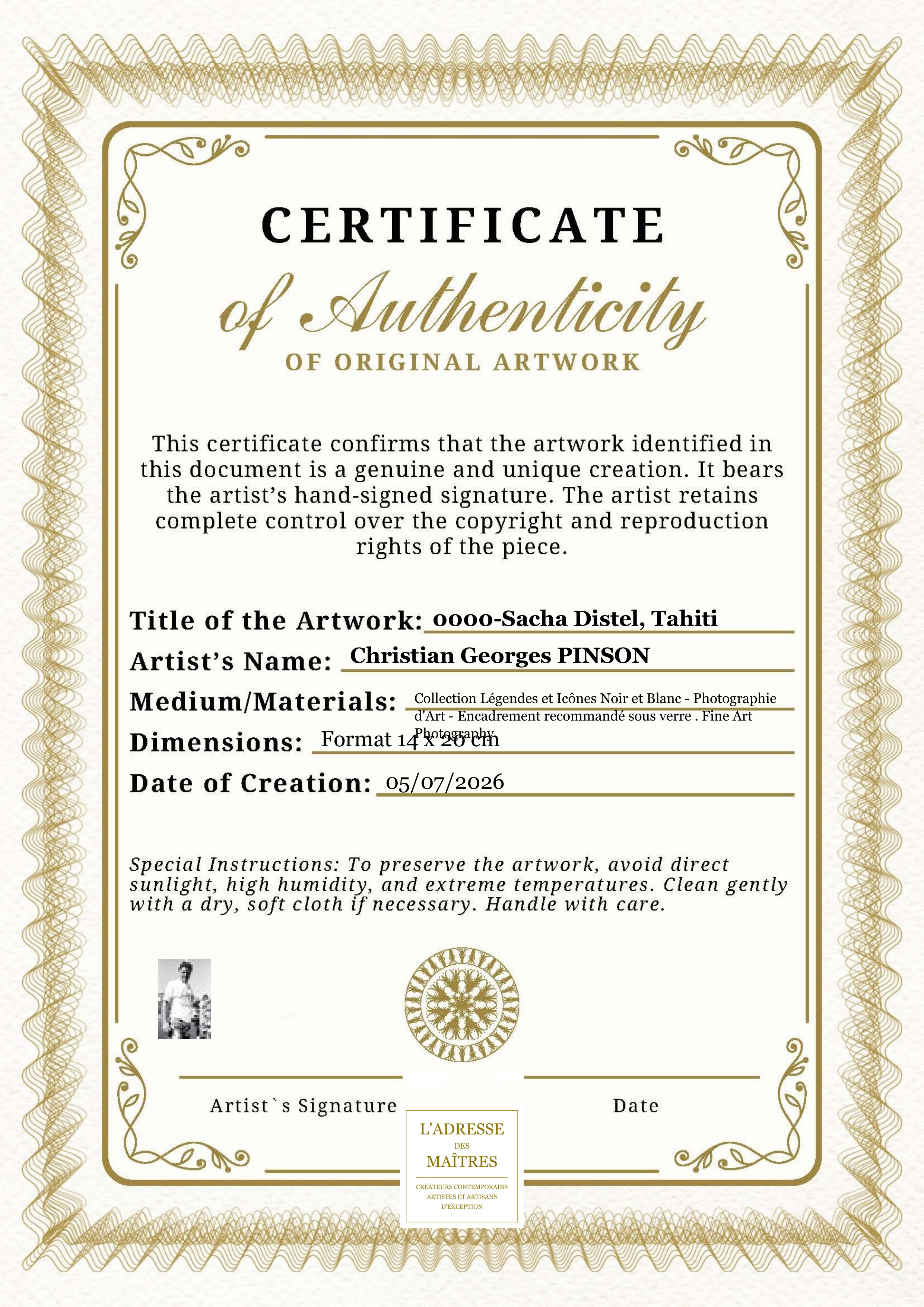 Certificat d'authenticité — 0000-Sacha Distel, Tahiti — Christian Georges PINSON