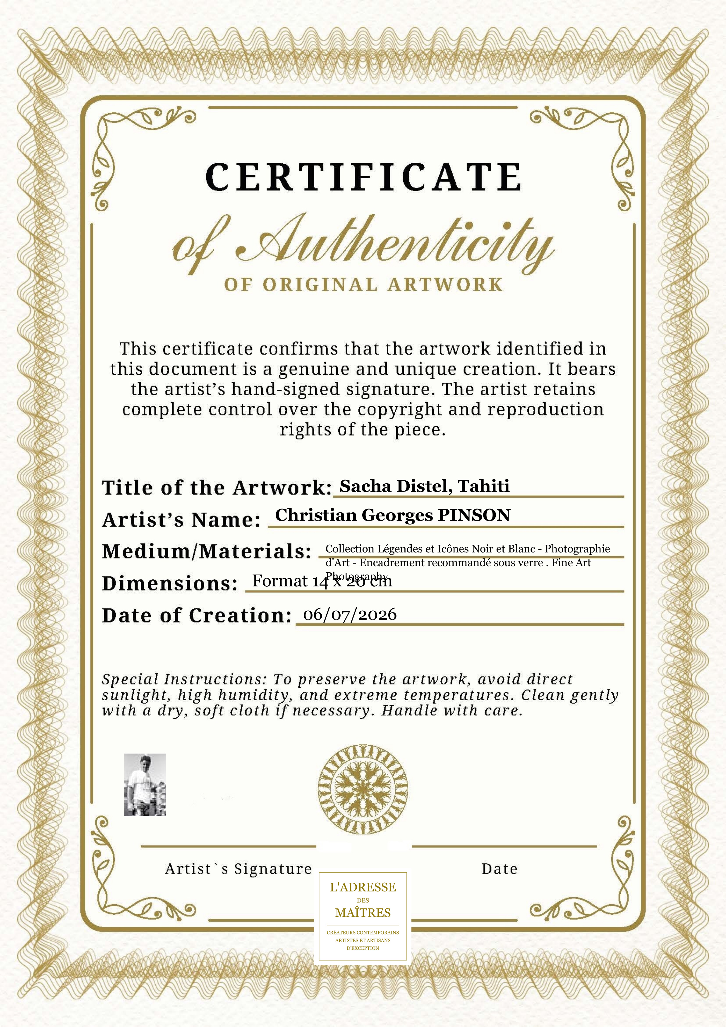 Certificat d'authenticité — Sacha Distel, Tahiti — Christian Georges PINSON