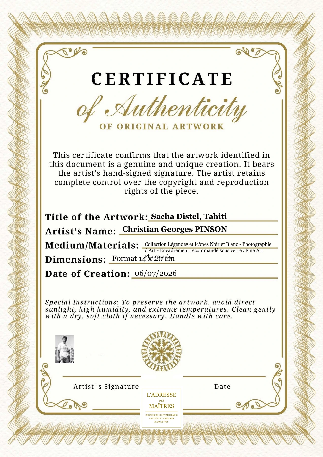 Certificat d'authenticité - Sacha Distel, Tahiti - Christian Georges PINSON