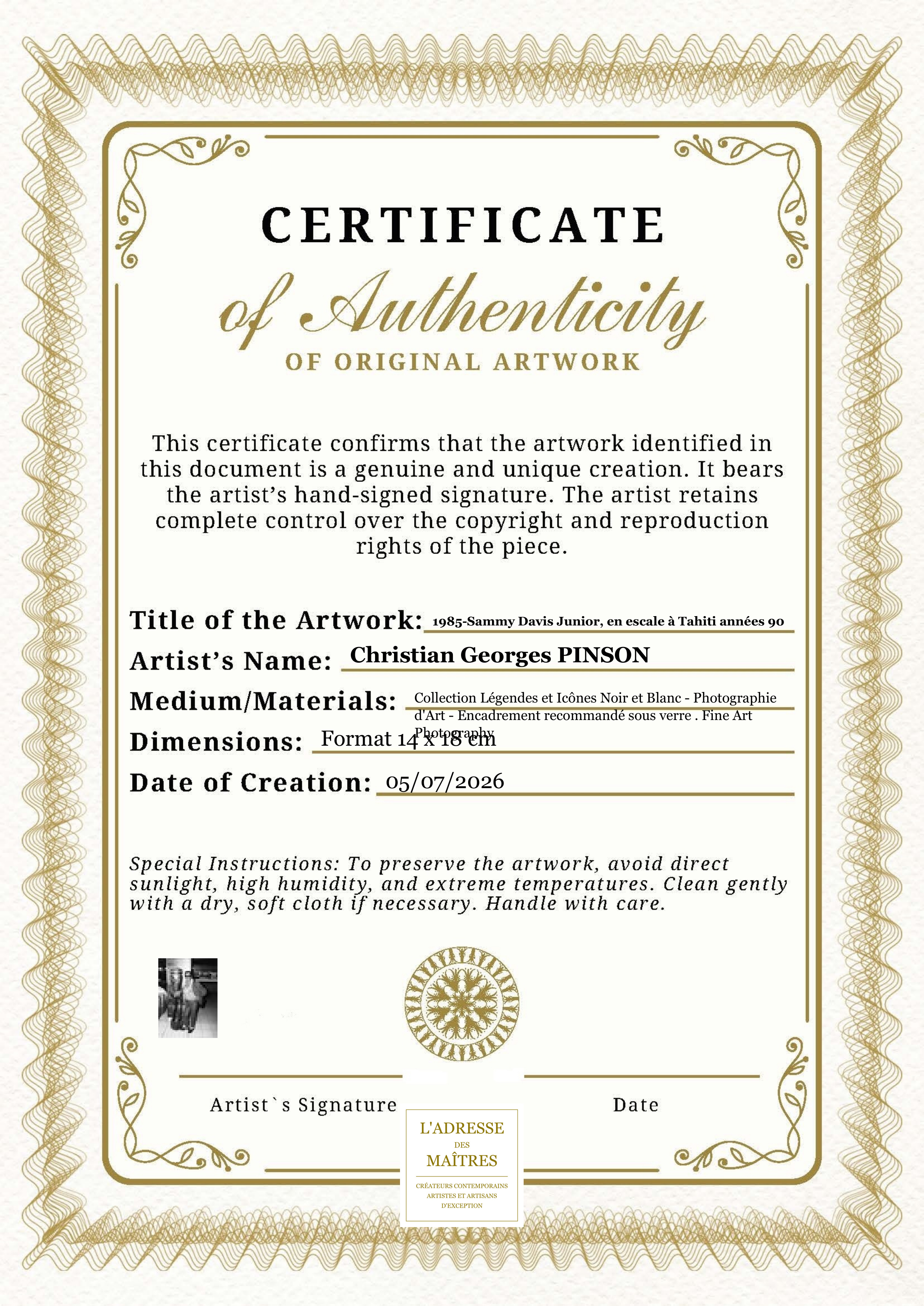 Certificat d'authenticité — 1985-Sammy Davis Junior, en escale à Tahiti années 90 — Christian Georges PINSON