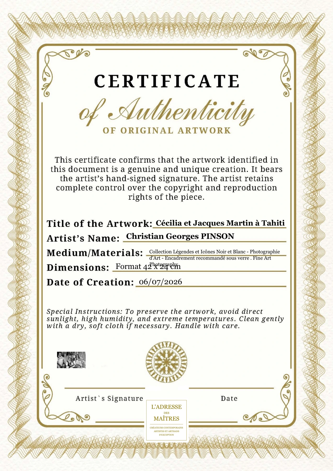 Certificat d'authenticité - Cécilia et Jacques Martin à Tahiti - Christian Georges PINSON