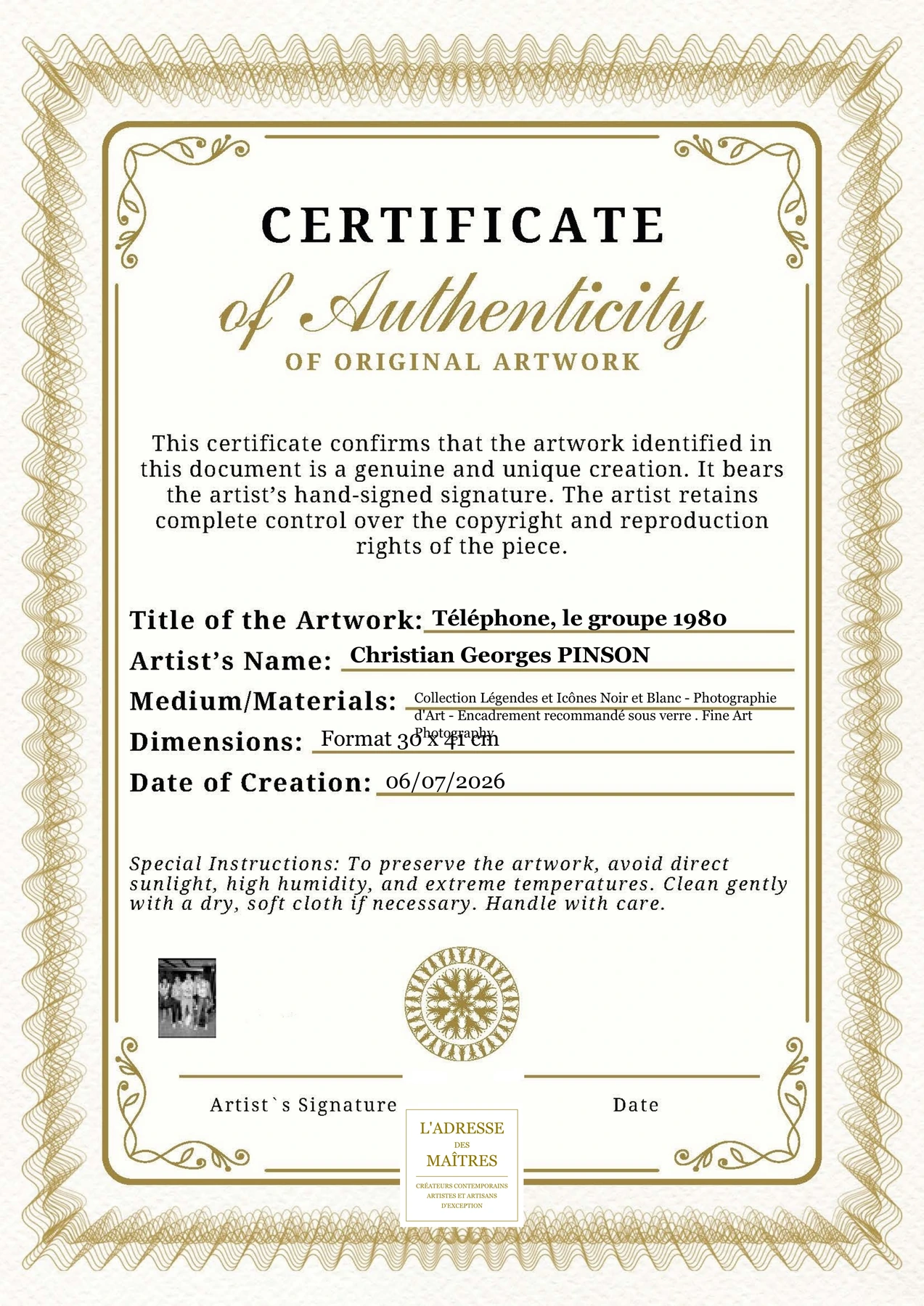 Certificat d'authenticité - Téléphone, le groupe 1980 - Christian Georges PINSON
