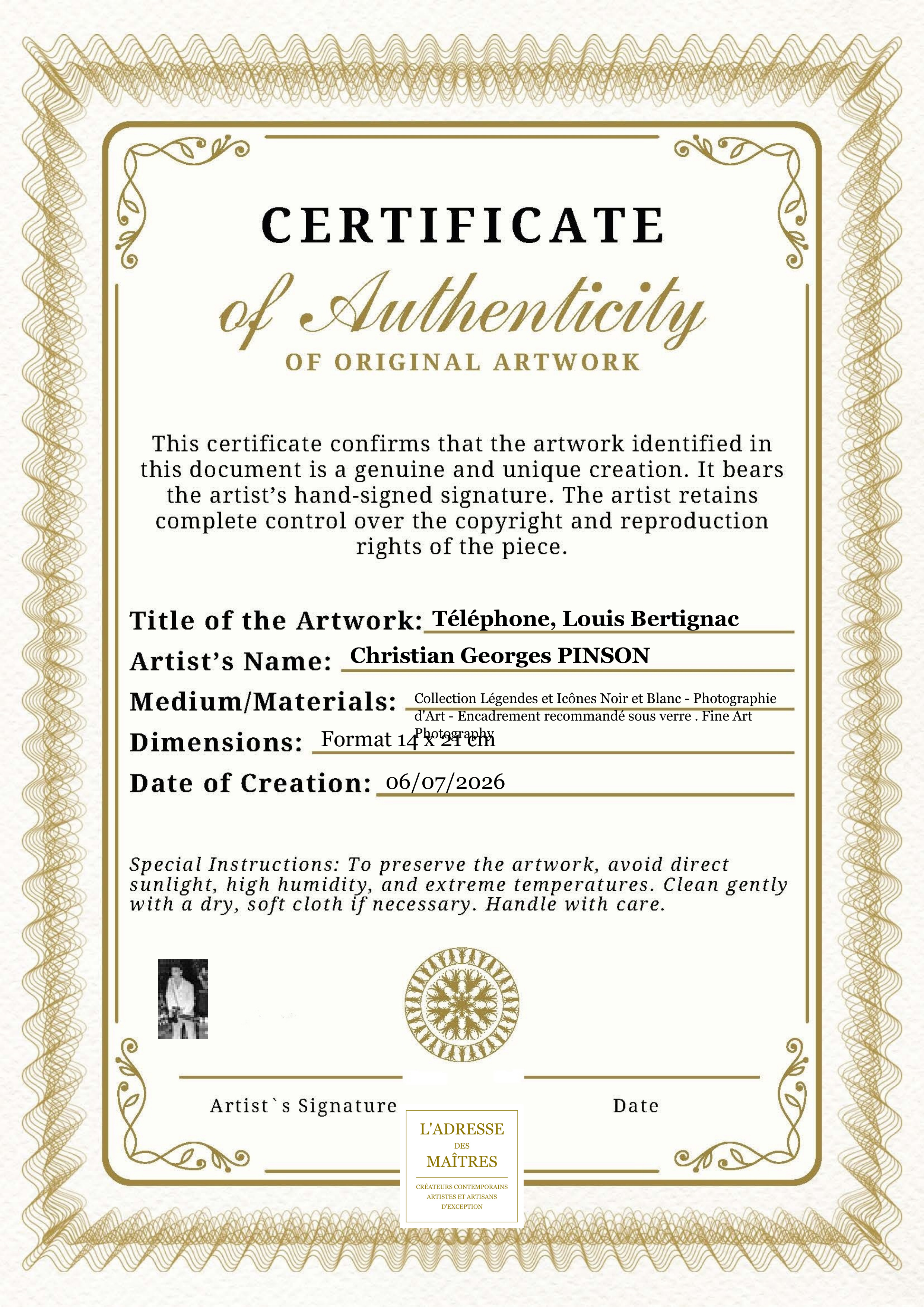 Certificat d'authenticité — Téléphone, Louis Bertignac — Christian Georges PINSON