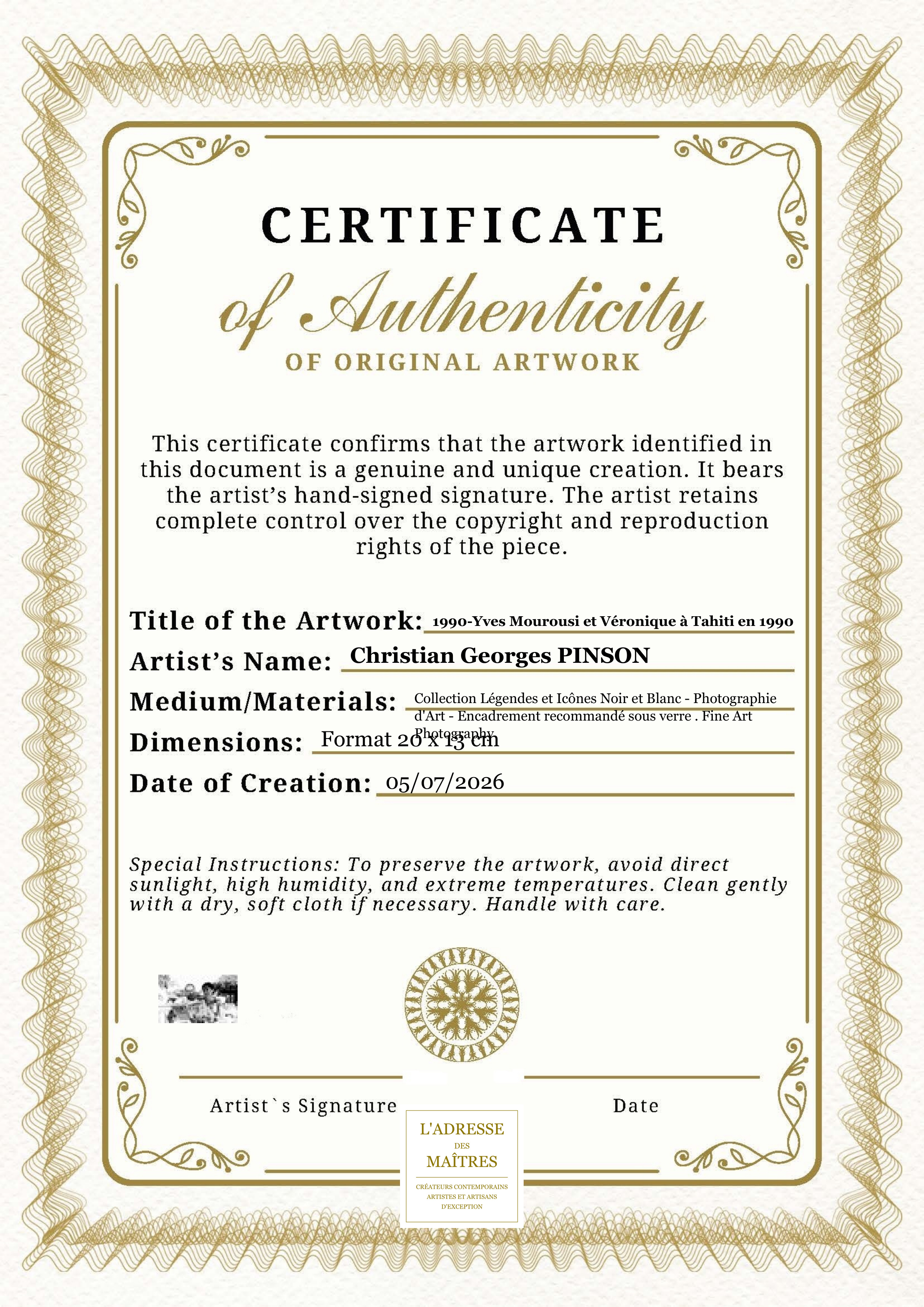 Certificat d'authenticité — 1990-Yves Mourousi et Véronique à Tahiti en 1990 — Christian Georges PINSON
