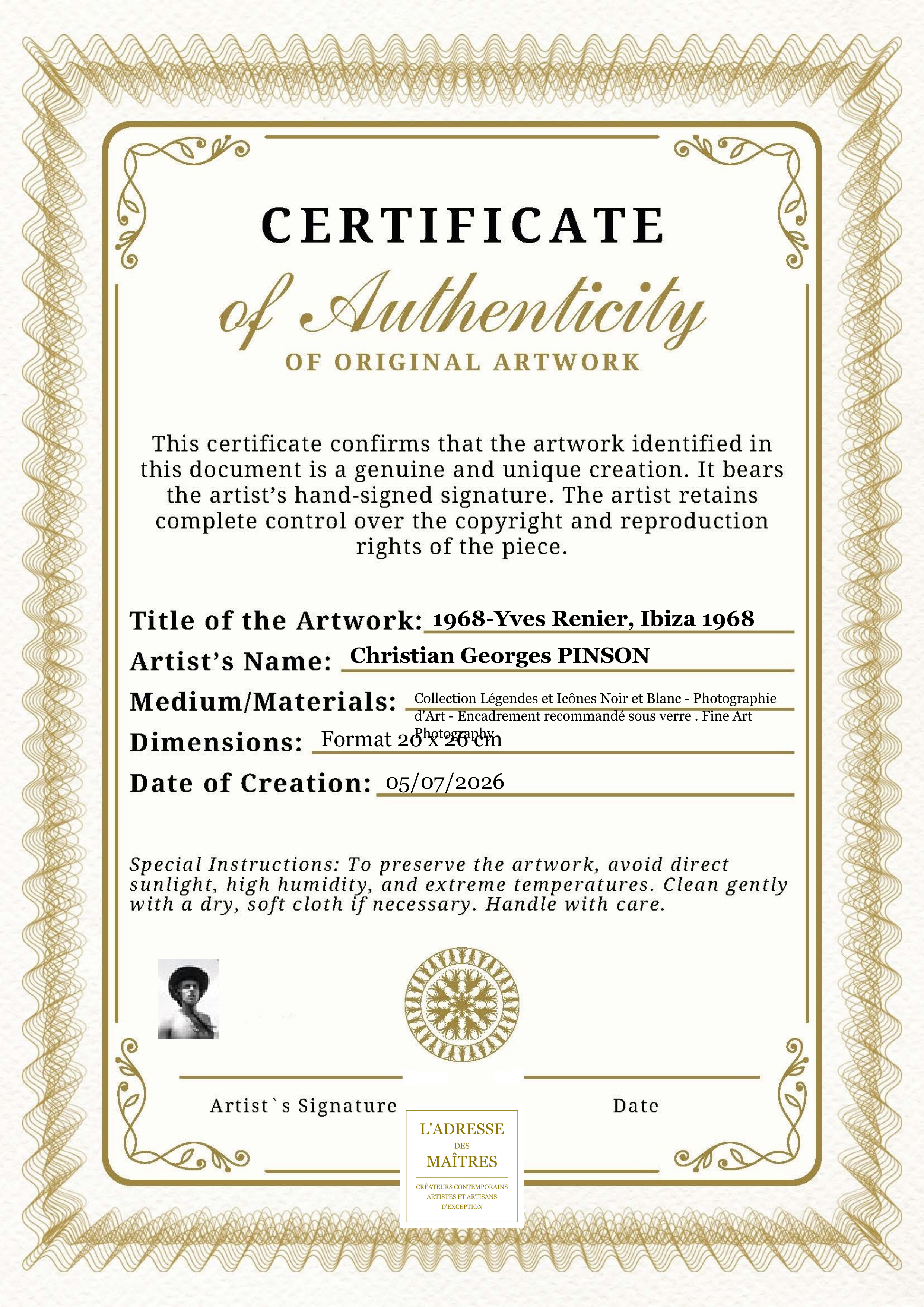 Certificat d'authenticité — 1968-Yves Renier, Ibiza 1968 — Christian Georges PINSON