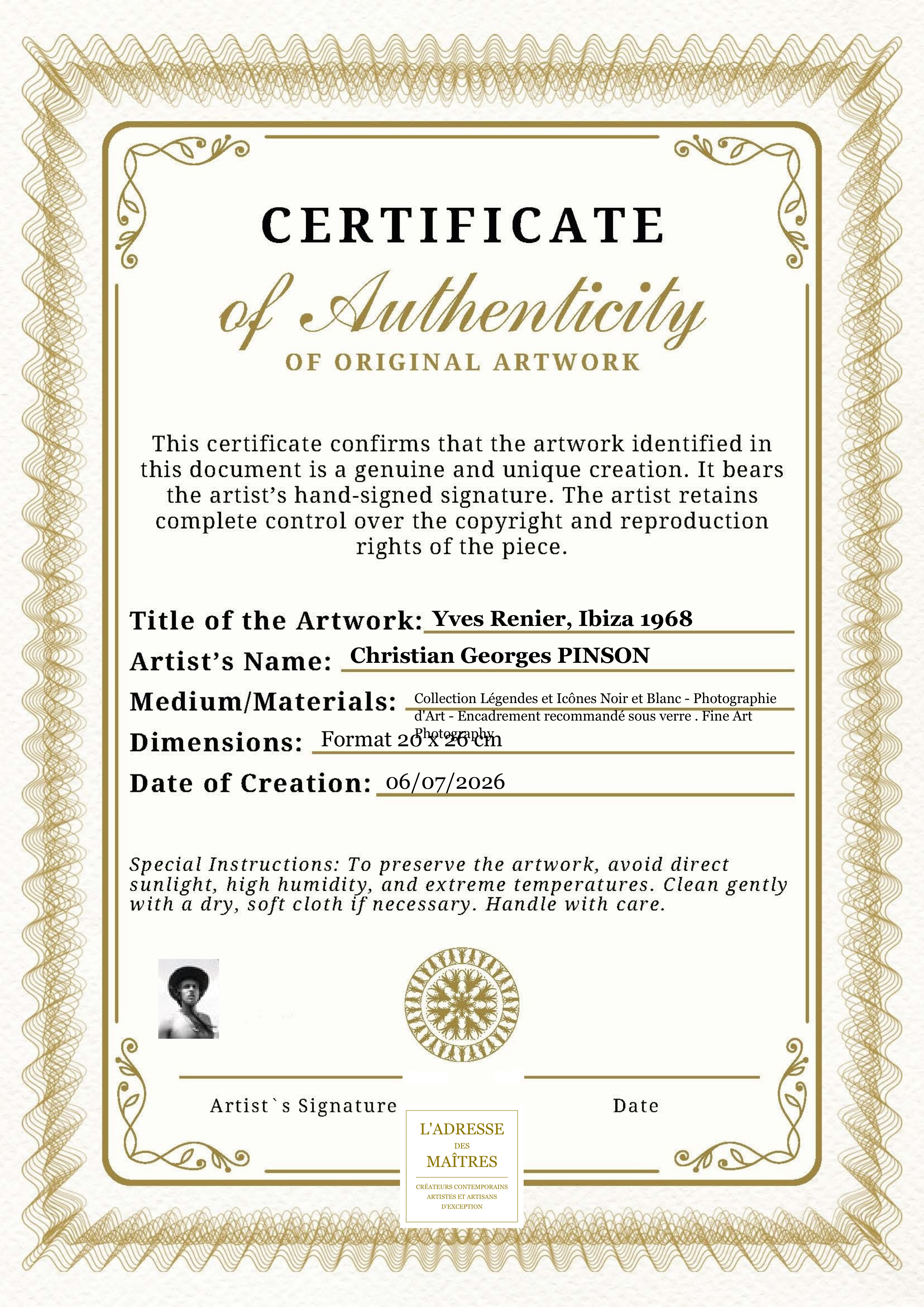 Certificat d'authenticité — Yves Renier, Ibiza 1968 — Christian Georges PINSON