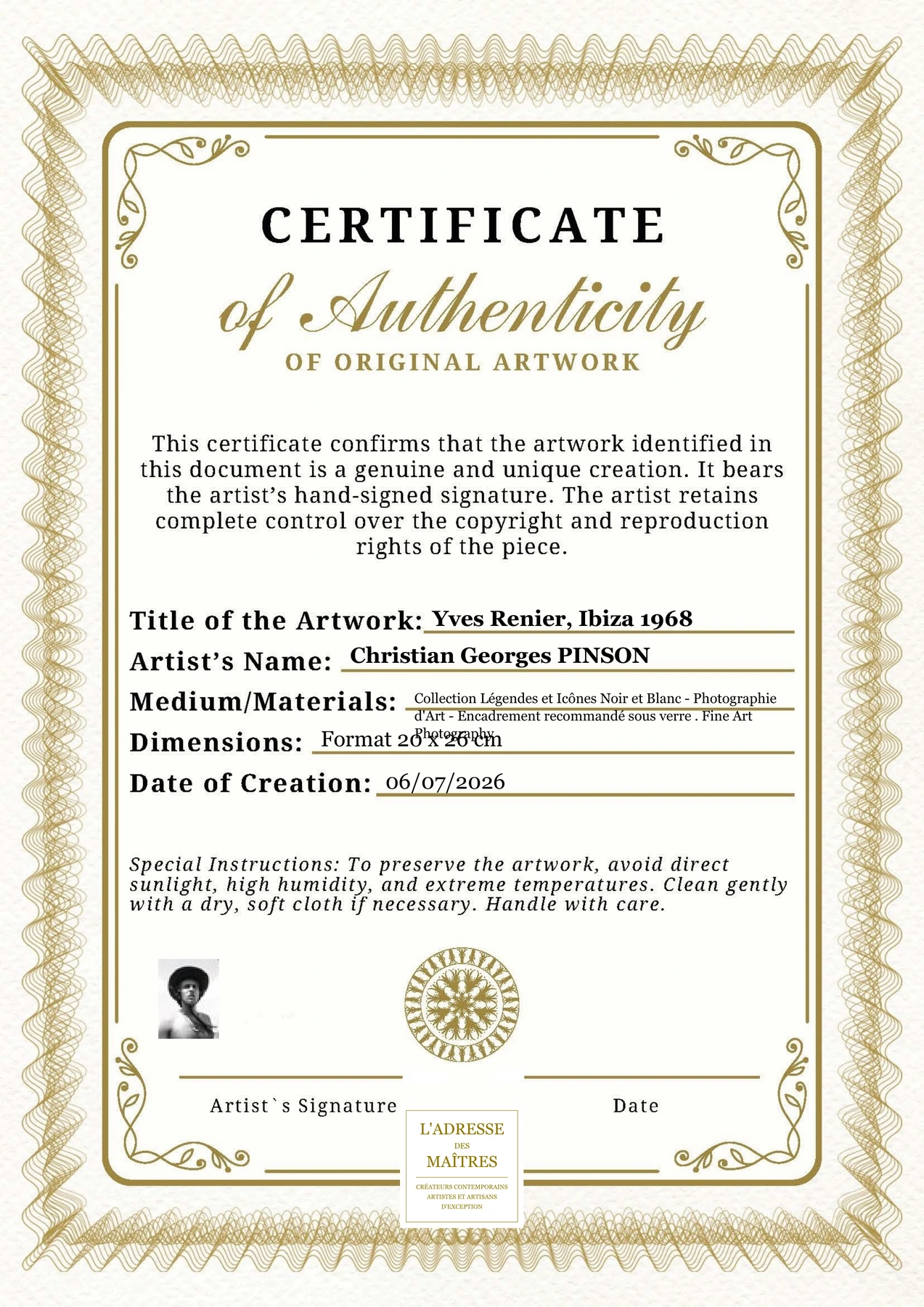 Certificat d'authenticité - Yves Renier, Ibiza 1968 - Christian Georges PINSON