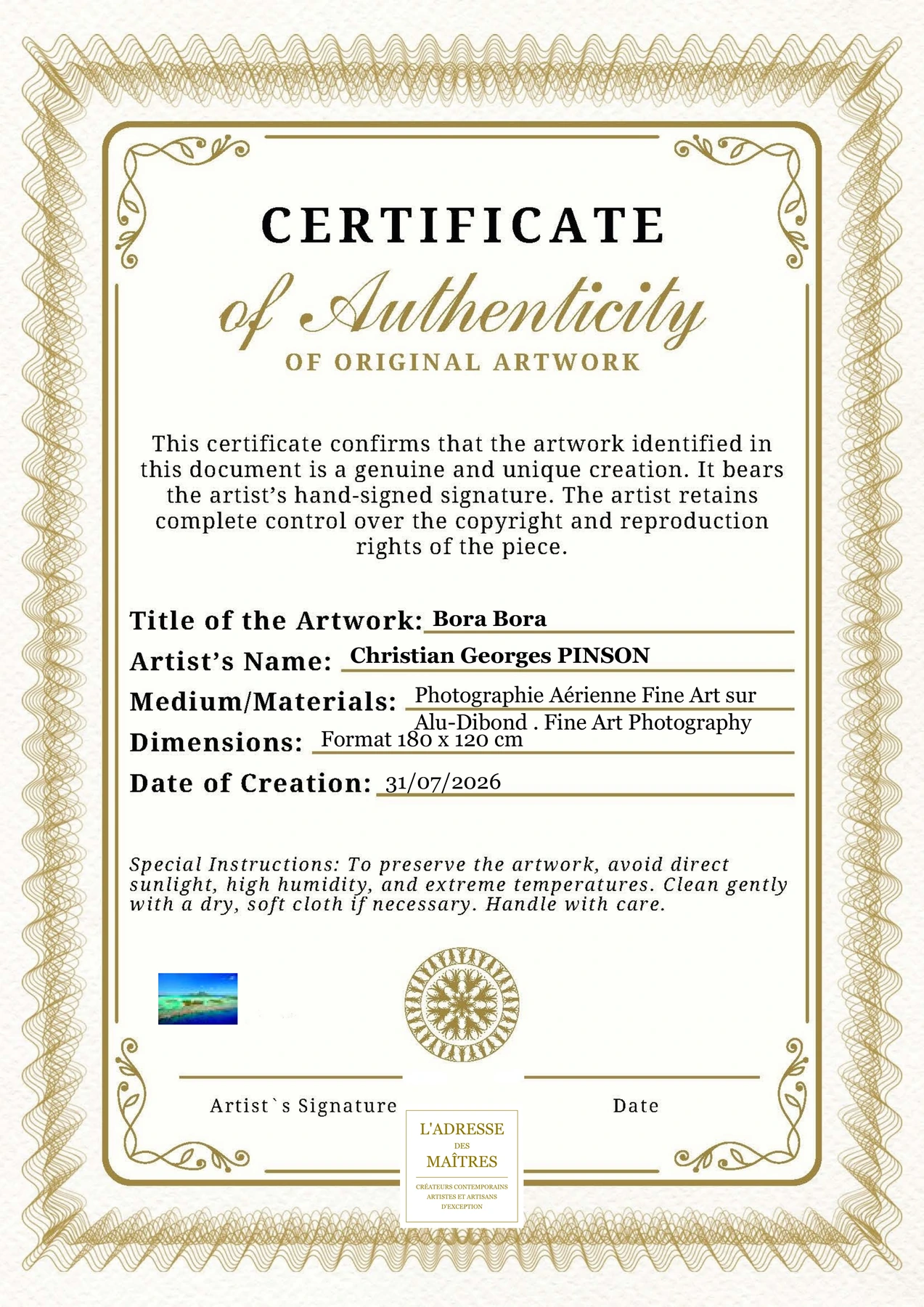 Certificat d'authenticité — Bora Bora — Christian Georges PINSON