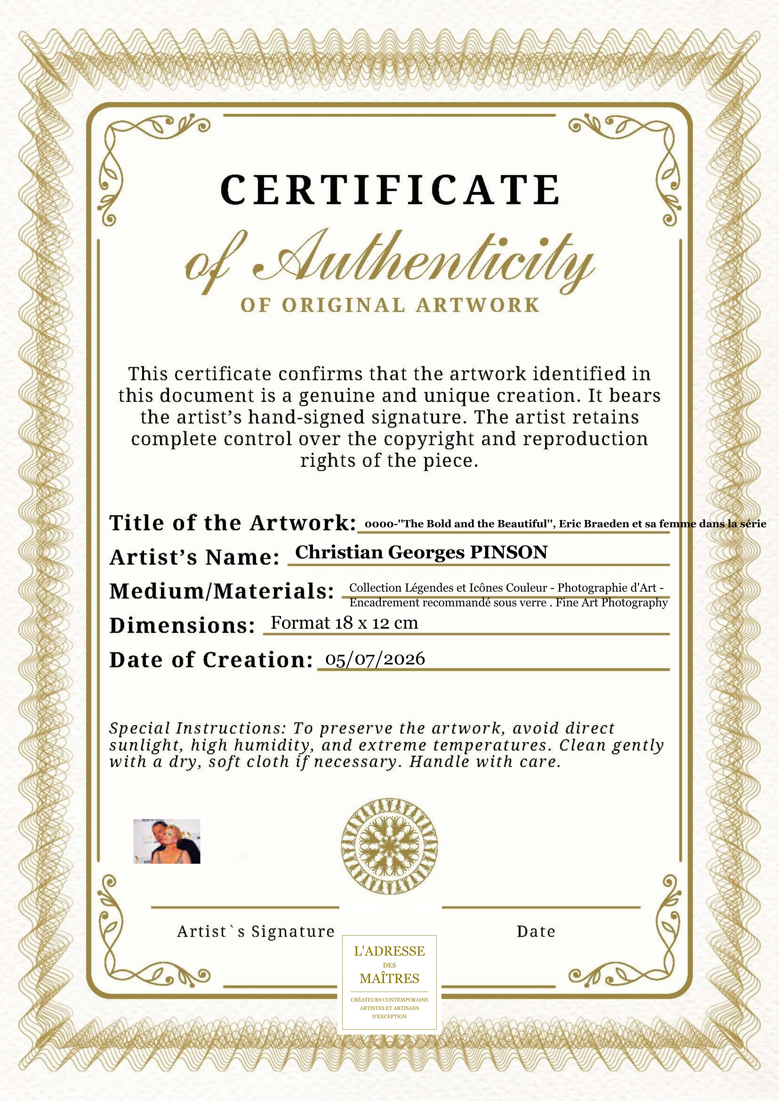 Certificat d'authenticité — 0000-''The Bold and the Beautiful'', Eric Braeden et sa femme dans la série — Christian Georges PINSON