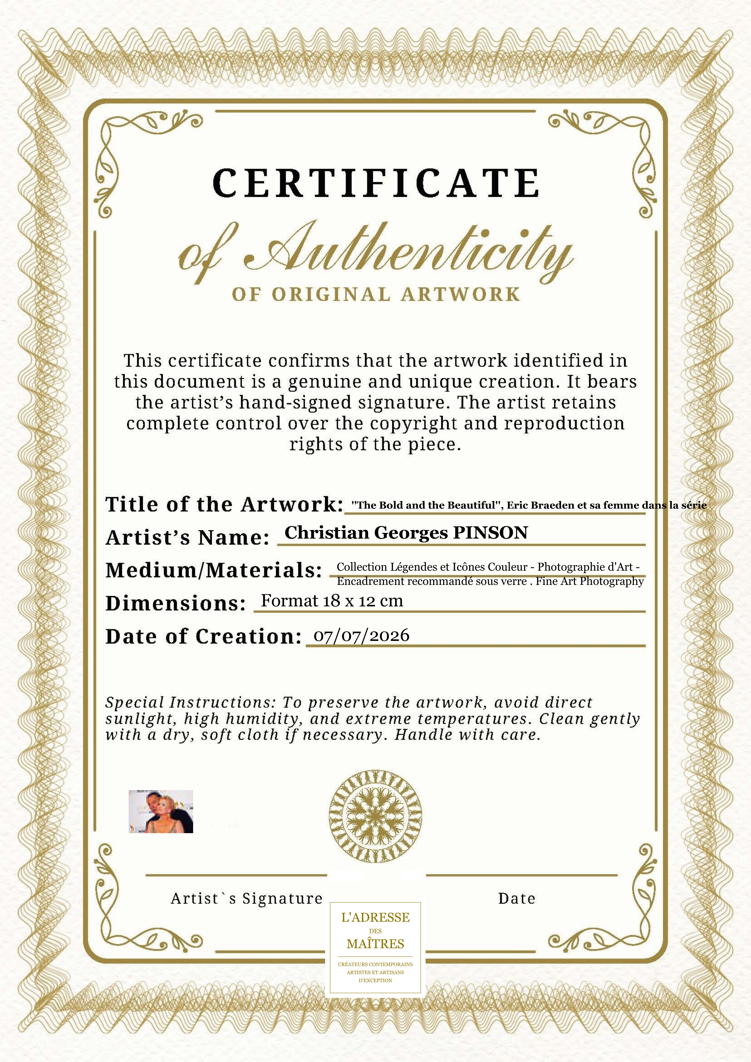 Certificat d'authenticité — ''The Bold and the Beautiful'', Eric Braeden et sa femme dans la série — Christian Georges PINSON