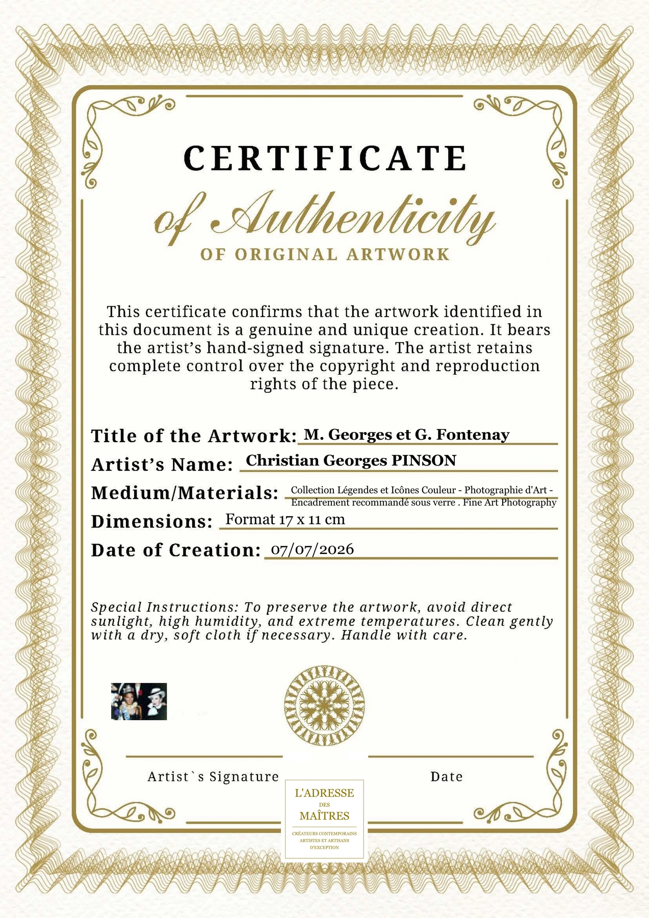 Certificat d'authenticité - M. Georges et G. Fontenay - Christian Georges PINSON