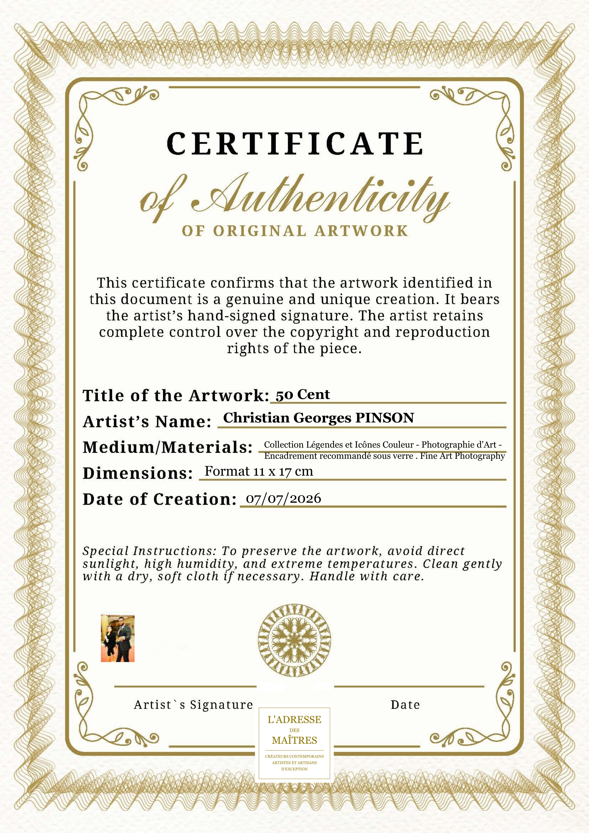 Certificat d'authenticité — 50 Cent — Christian Georges PINSON