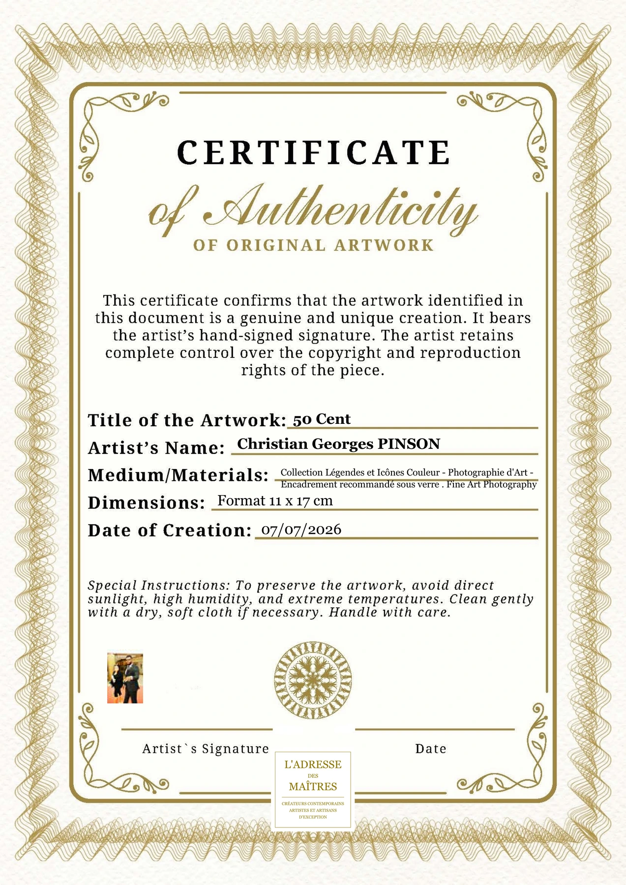 Certificat d'authenticité - 50 Cent - Christian Georges PINSON