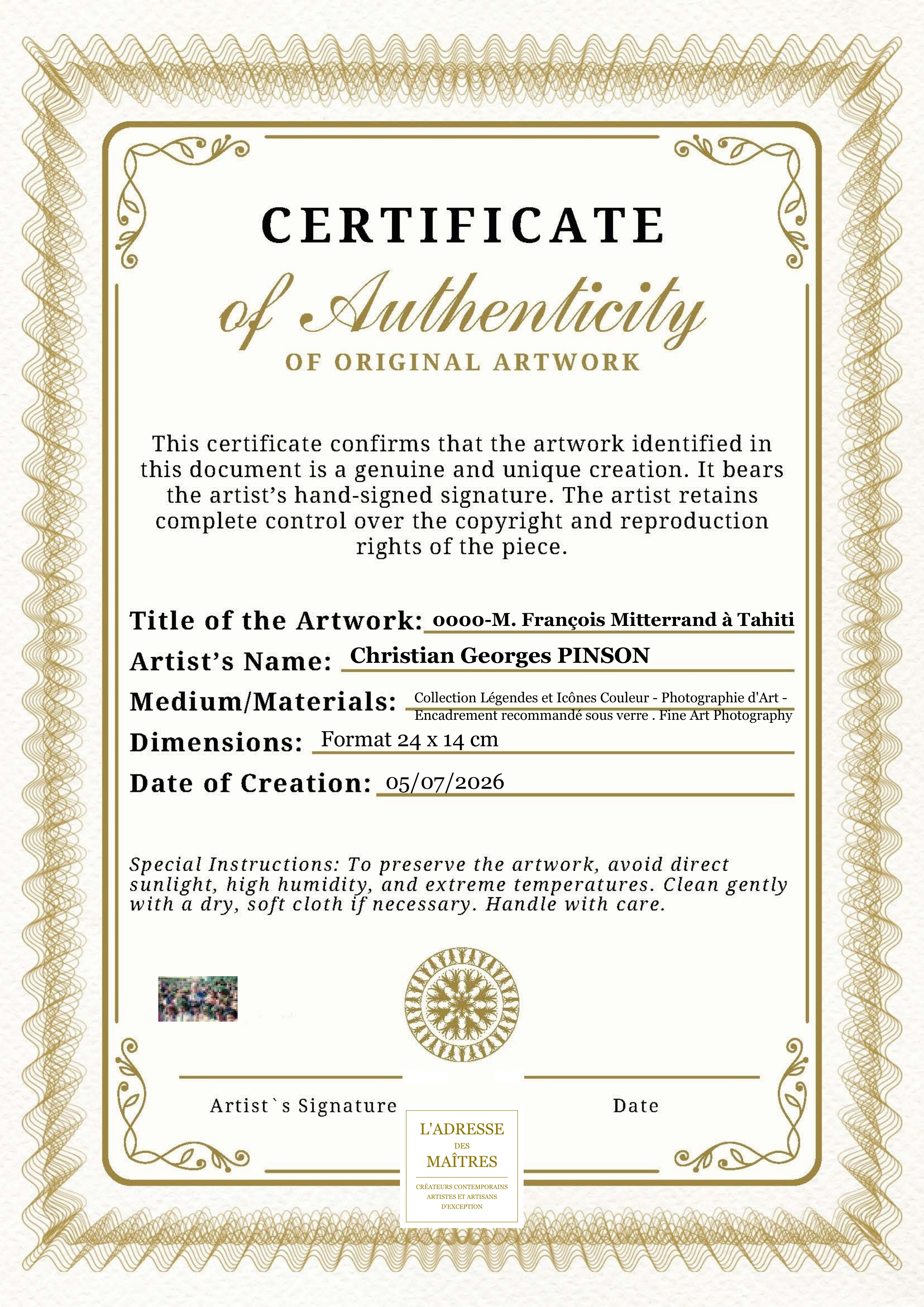 Certificat d'authenticité — 0000-M. François Mitterrand à Tahiti — Christian Georges PINSON