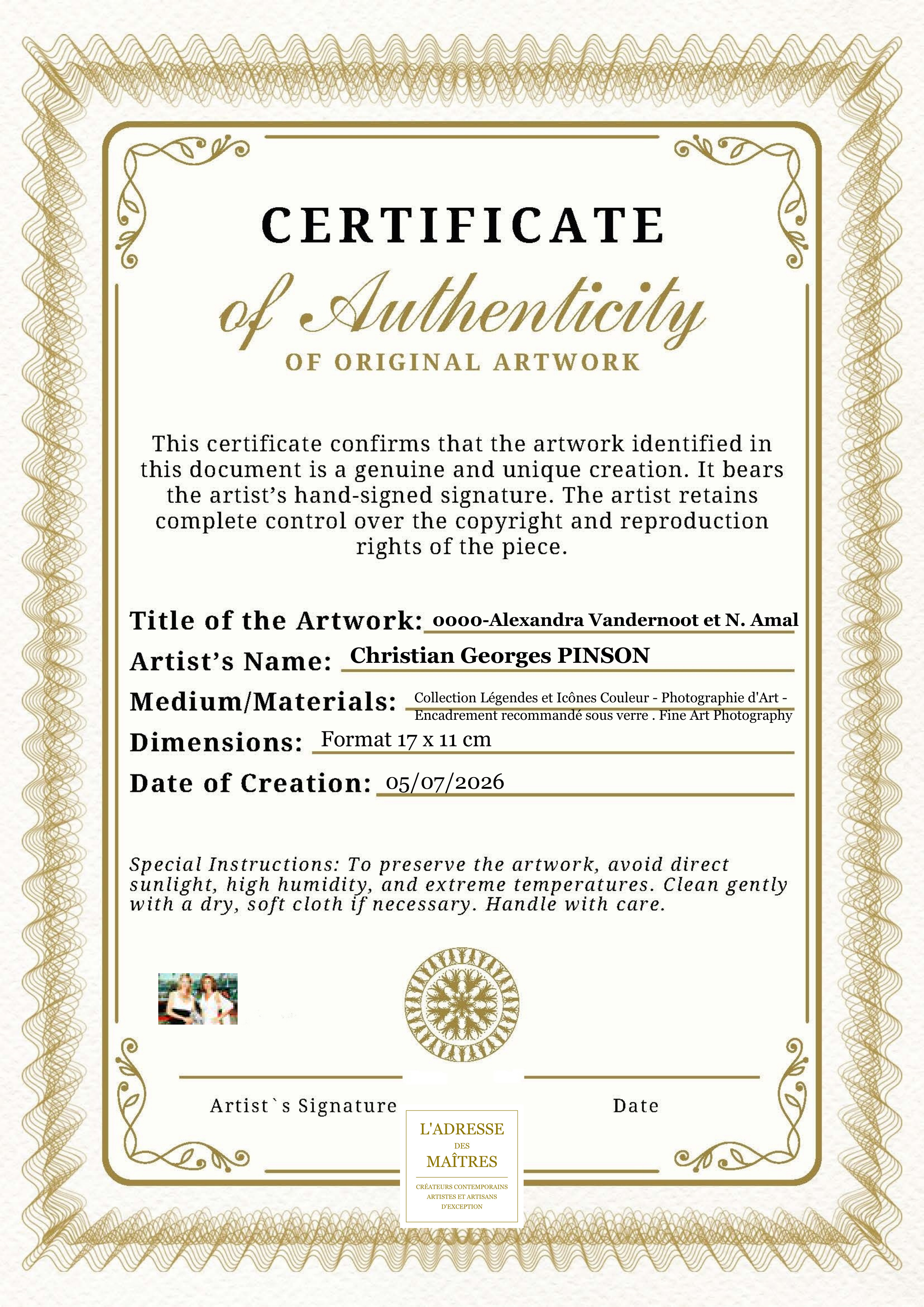 Certificat d'authenticité — 0000-Alexandra Vandernoot et N. Amal — Christian Georges PINSON