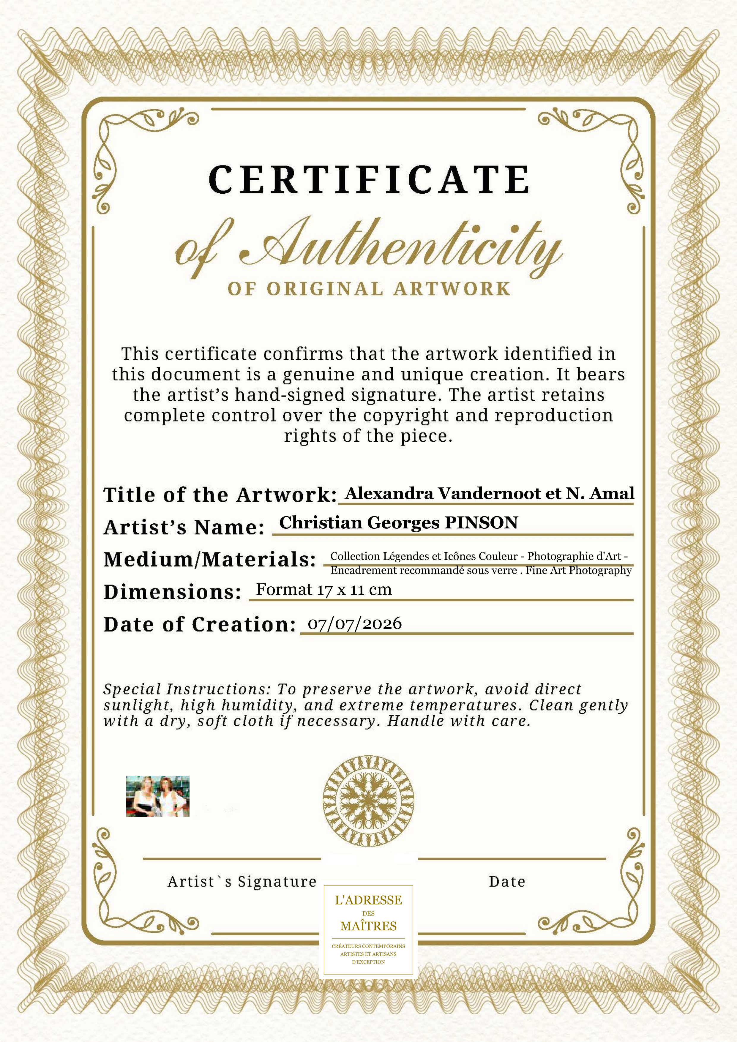 Certificat d'authenticité — Alexandra Vandernoot et N. Amal — Christian Georges PINSON