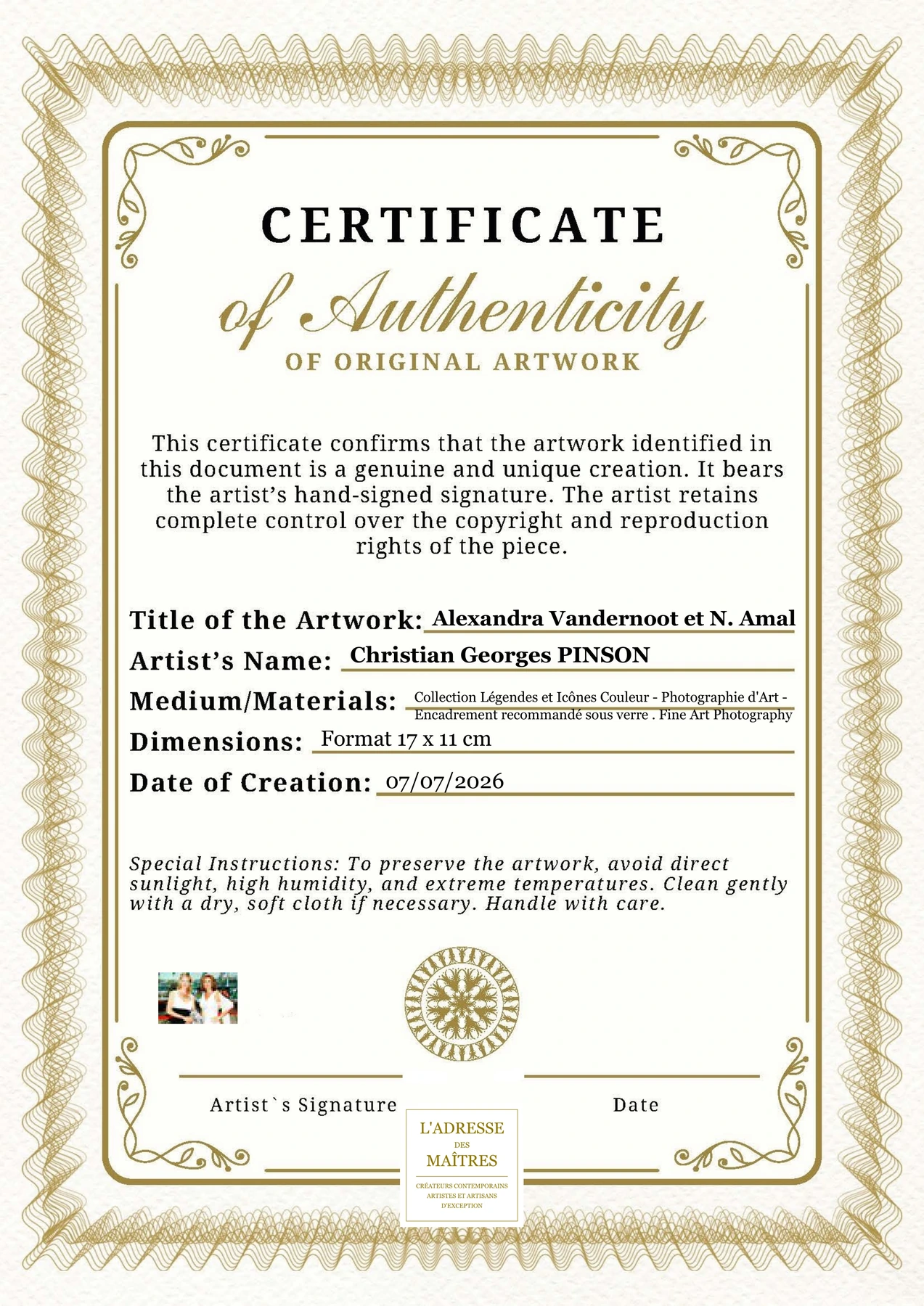 Certificat d'authenticité - Alexandra Vandernoot et N. Amal - Christian Georges PINSON