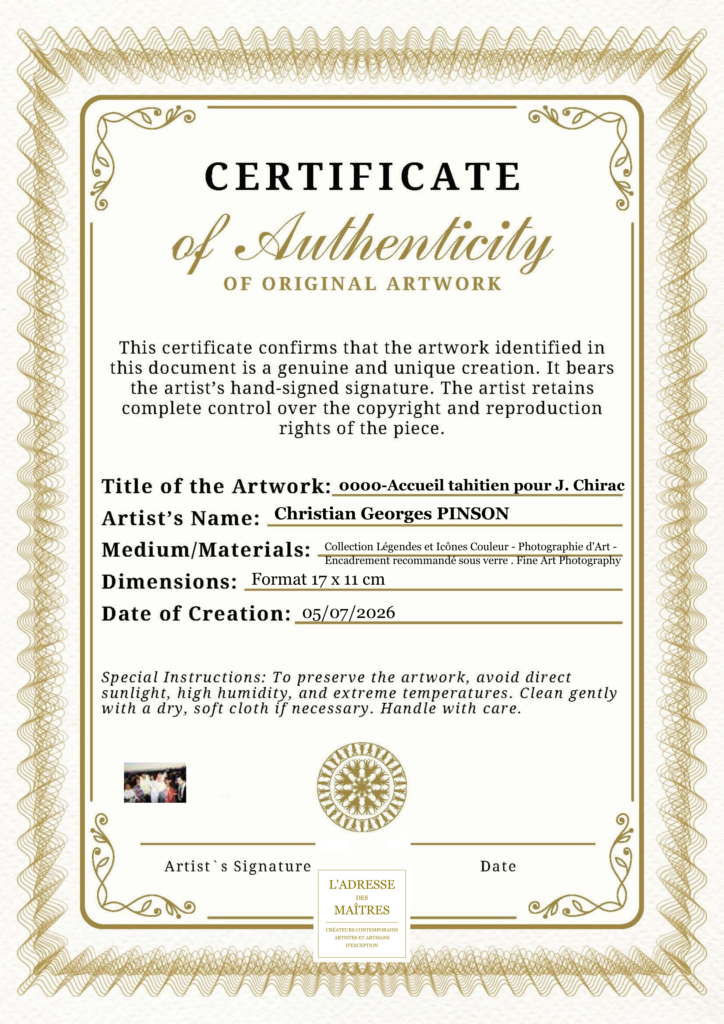 Certificat d'authenticité — 0000-Accueil tahitien pour J. Chirac — Christian Georges PINSON